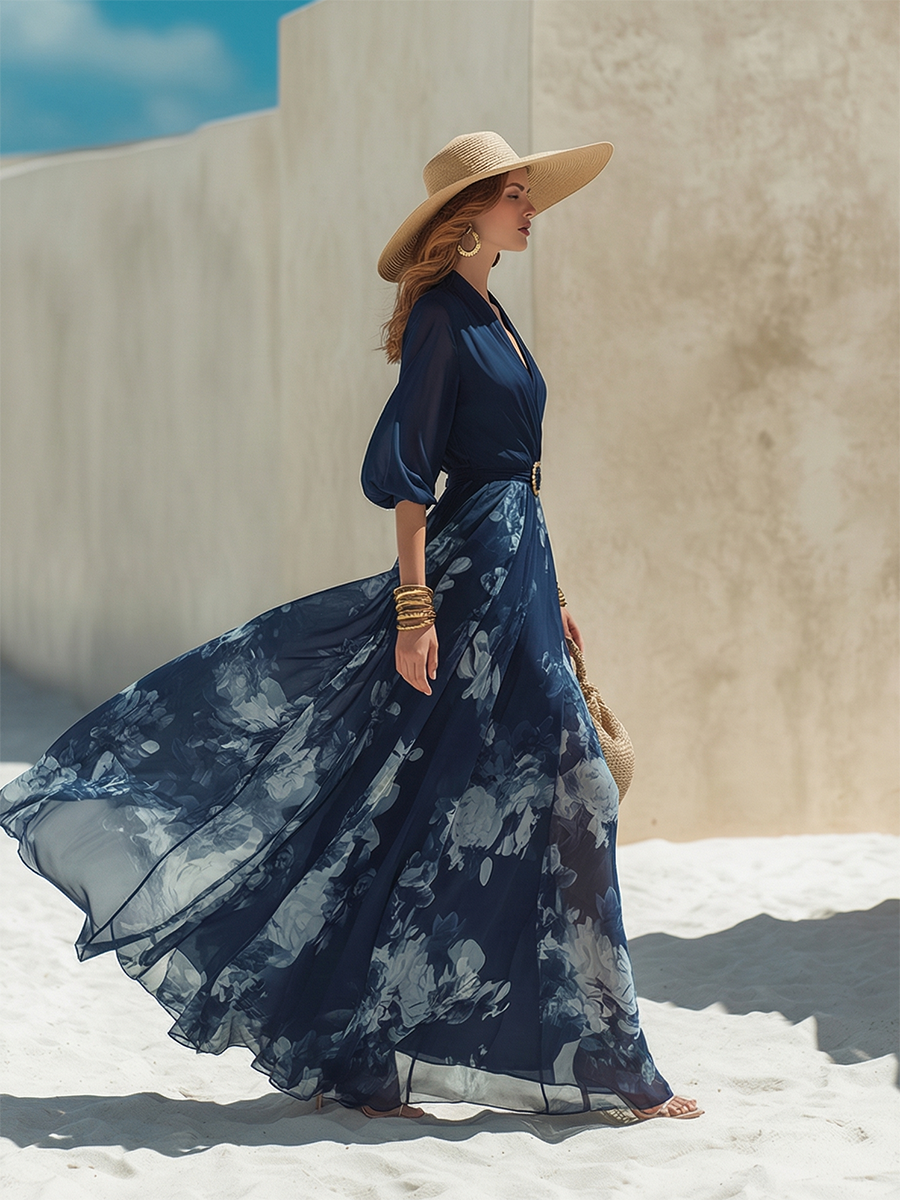 Elegant Vacation-Style V-Neck Short-Sleeve Dark Blue Printed Chiffon Maxi Dress