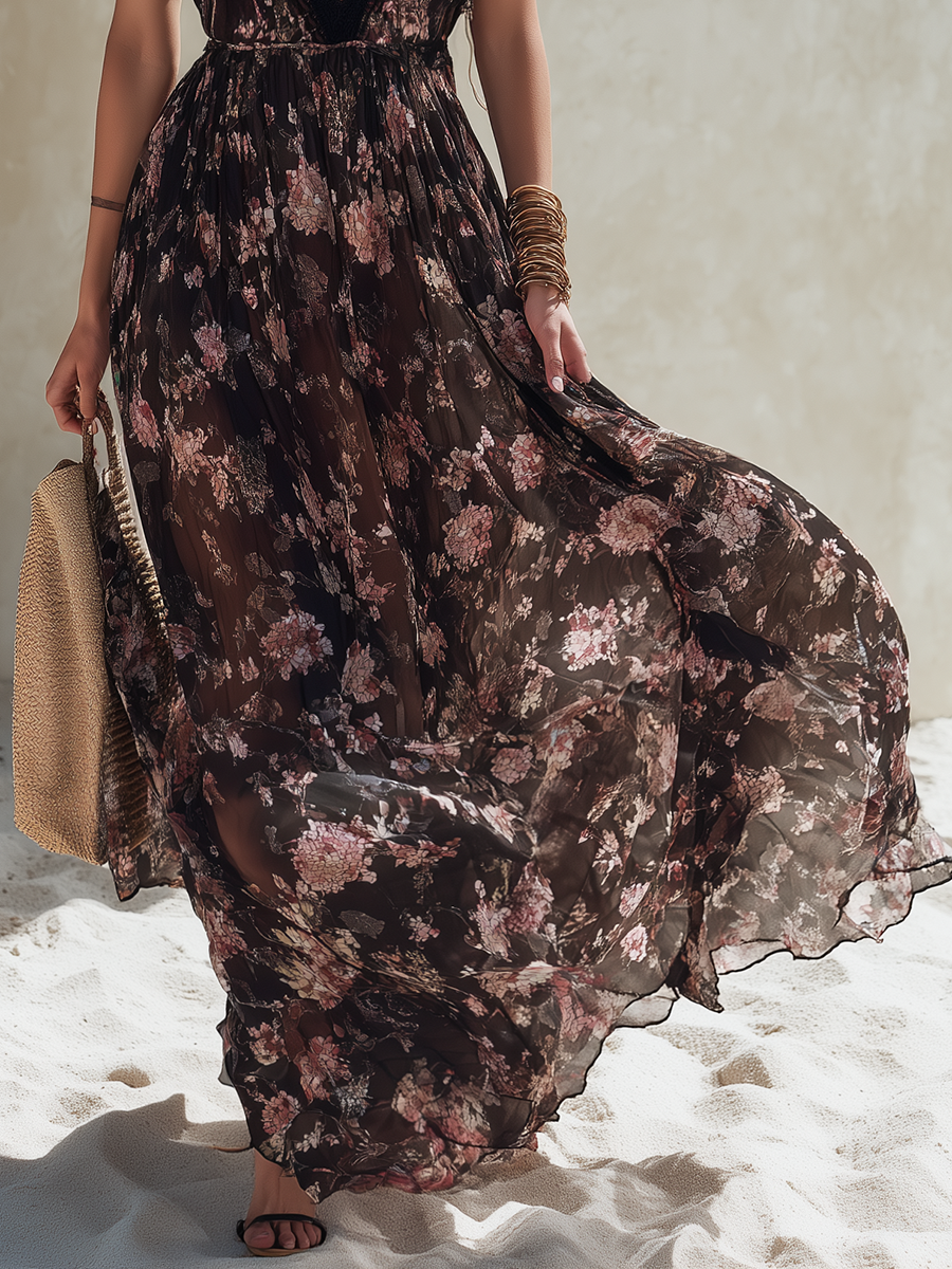 Elegant Vacation-Style V-Neck Lace Trim Dark Floral Print Chiffon Maxi Dress