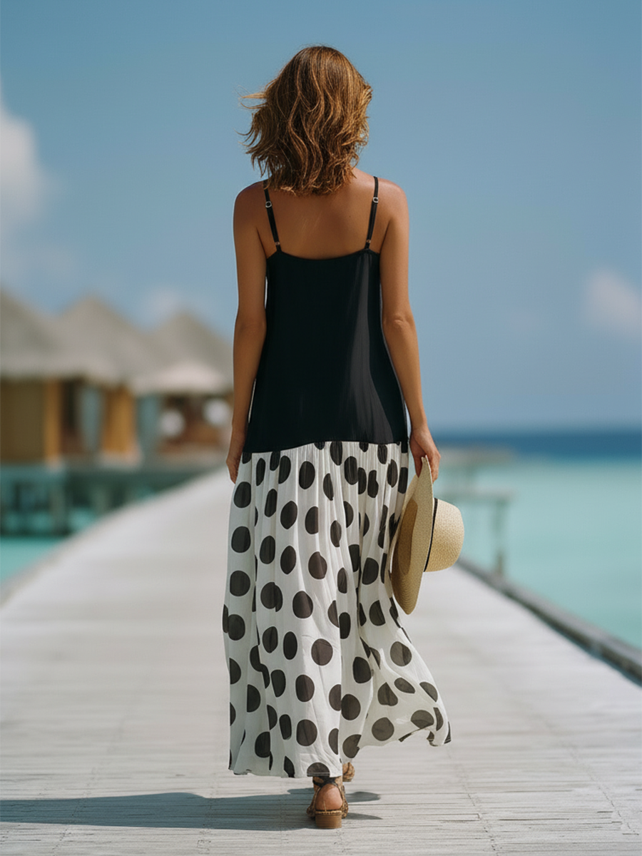 Vacation-Style Color-Block Polka Dot Sleeveless Loose Maxi Dress