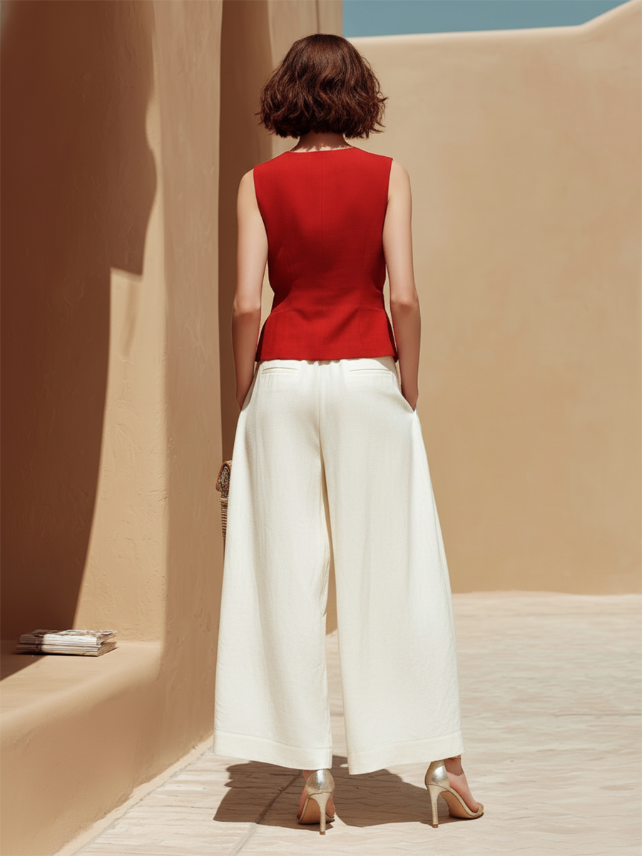 Vacation-Style Red Sleeveless Long Top And Wide-Leg Pants Set