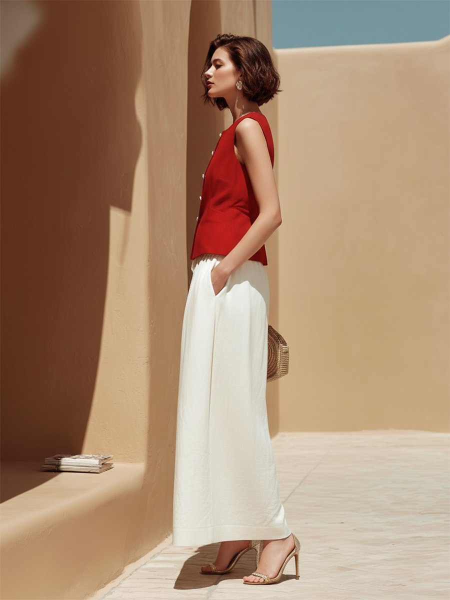 Vacation-Style Red Sleeveless Long Top And Wide-Leg Pants Set