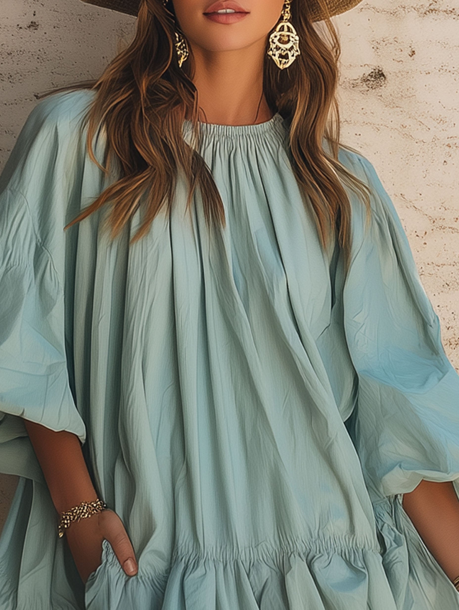 Light Green Bubble Chiffon With Mid-Length Sleeves, Perfect For A Vacation Mini Dress