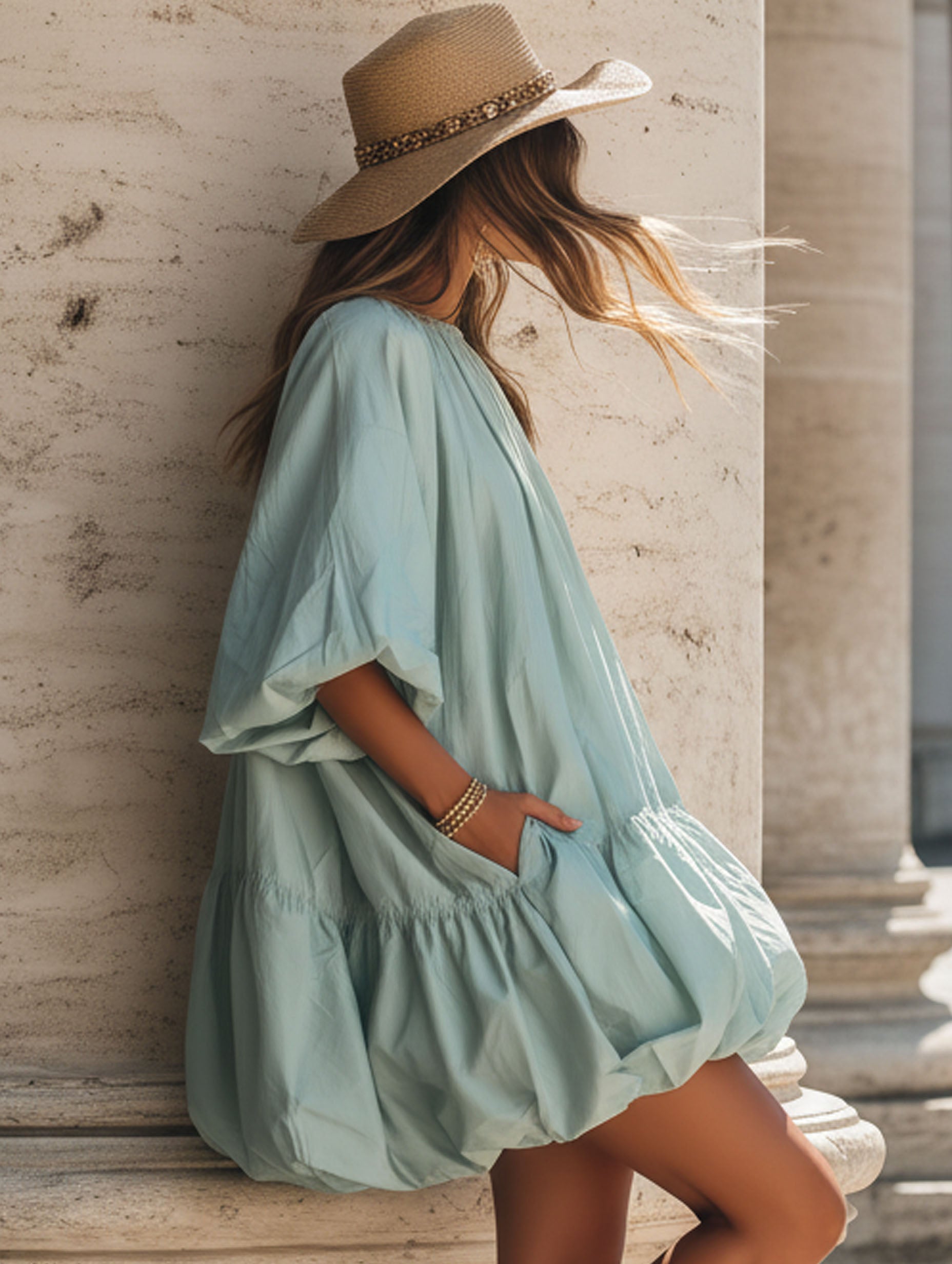 Light Green Bubble Chiffon With Mid-Length Sleeves, Perfect For A Vacation Mini Dress