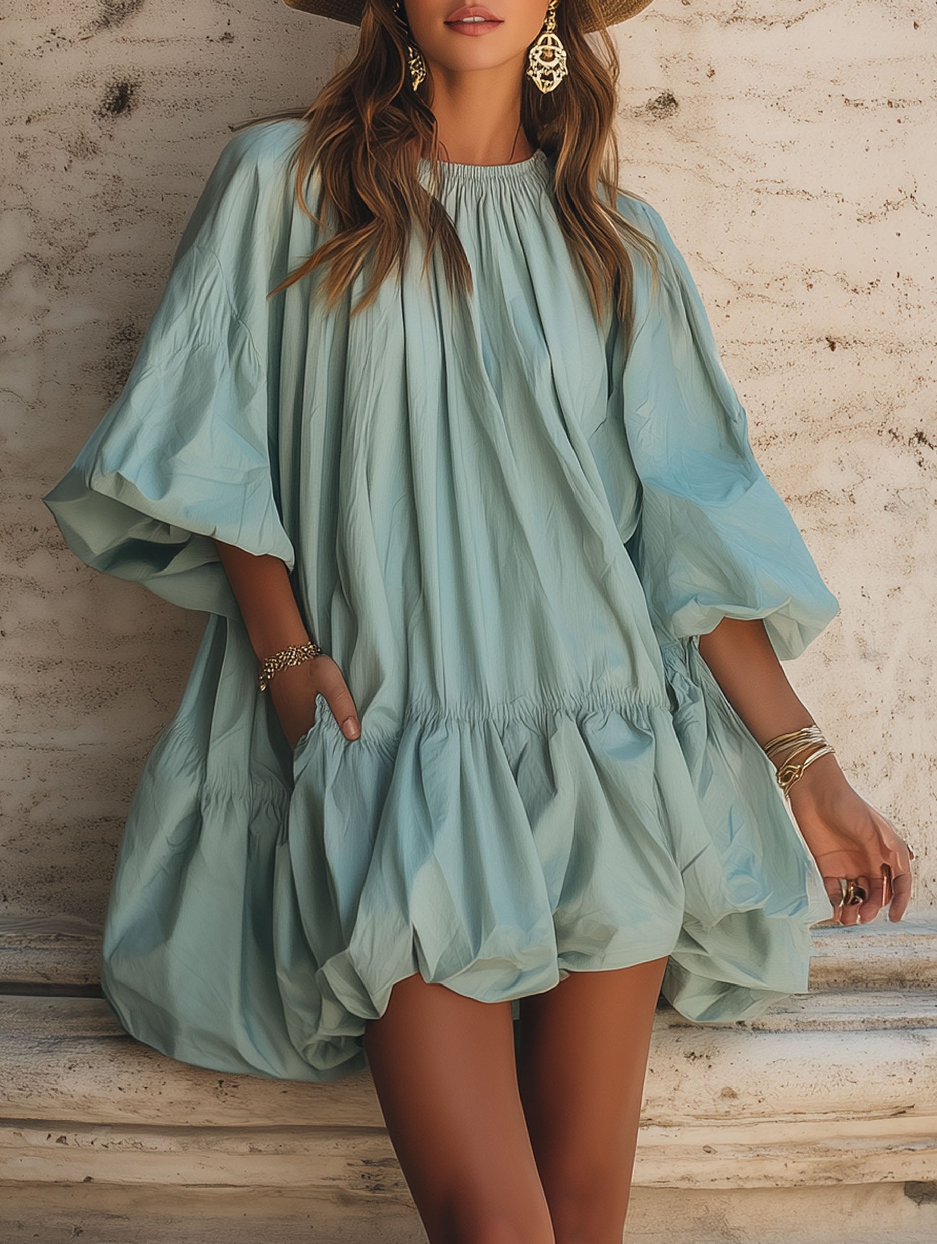 Light Green Bubble Chiffon With Mid-Length Sleeves, Perfect For A Vacation Mini Dress