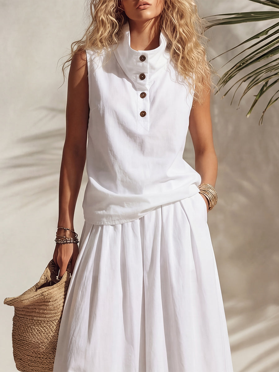 Casual Vacation White Sleeveless Turtleneck Button-down Top And High-waisted Loose Skirt Set