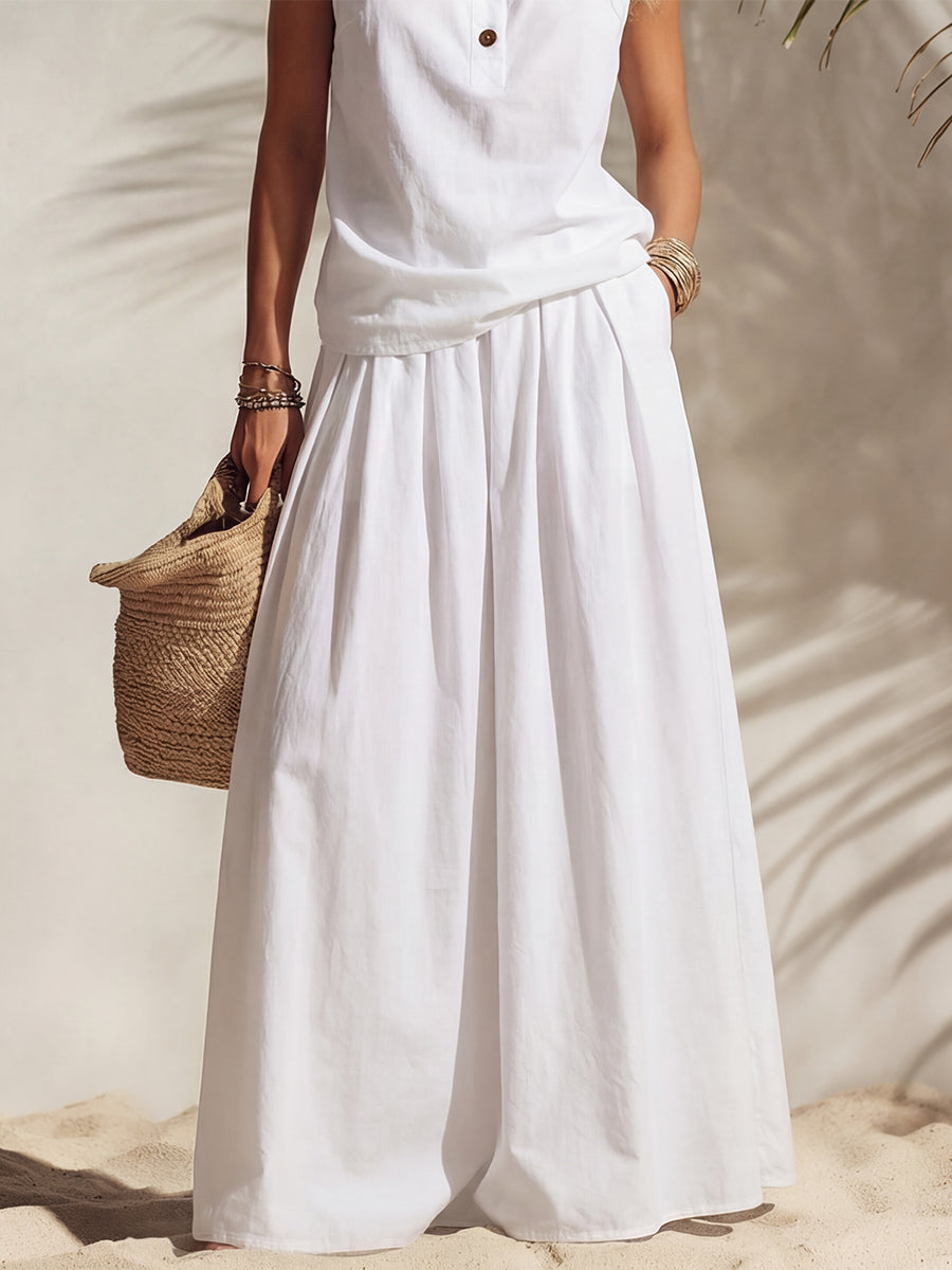 Casual Vacation White Sleeveless Turtleneck Button-down Top And High-waisted Loose Skirt Set