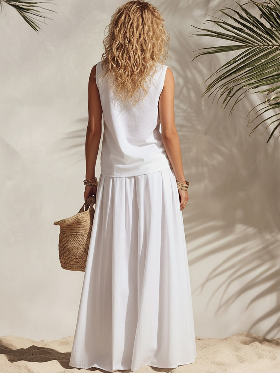 Casual Vacation White Sleeveless Turtleneck Button-down Top And High-waisted Loose Skirt Set