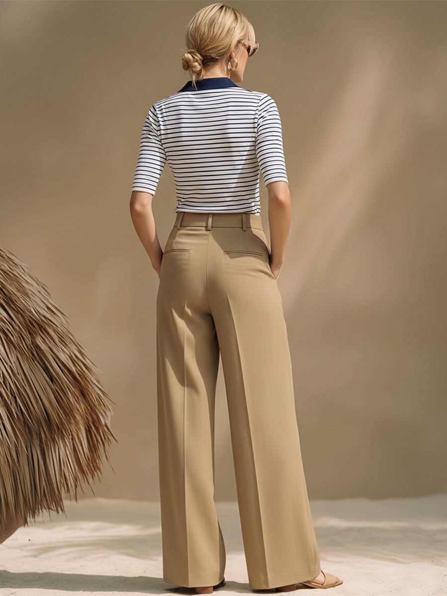 Sailing Vacation White And Blue Striped T-shirt And Khaki Trousers Set