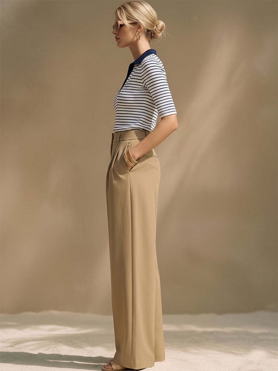 Sailing Vacation White And Blue Striped T-shirt And Khaki Trousers Set