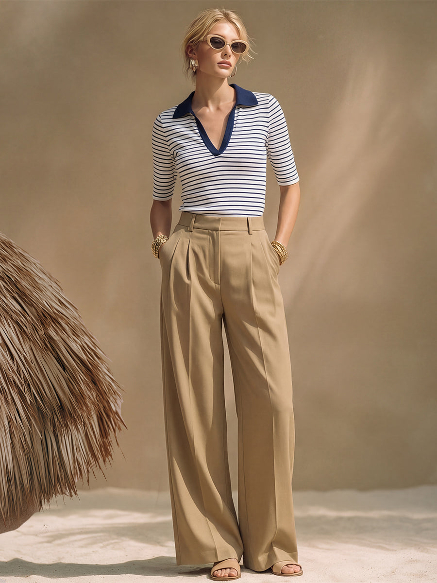 Sailing Vacation White And Blue Striped T-shirt And Khaki Trousers Set