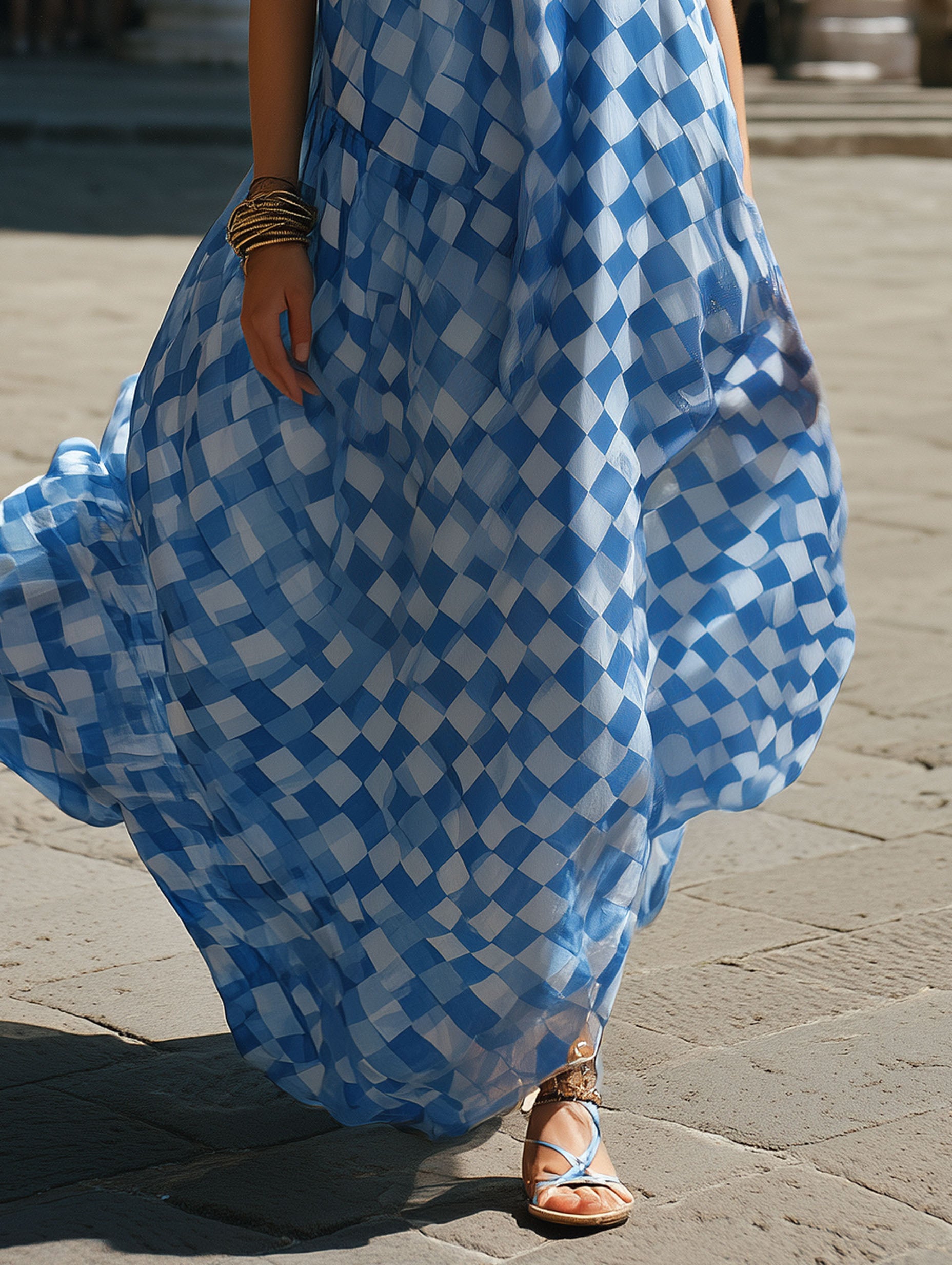 Elegant Blue Check Print Chiffon For Vacation Maxi Dress