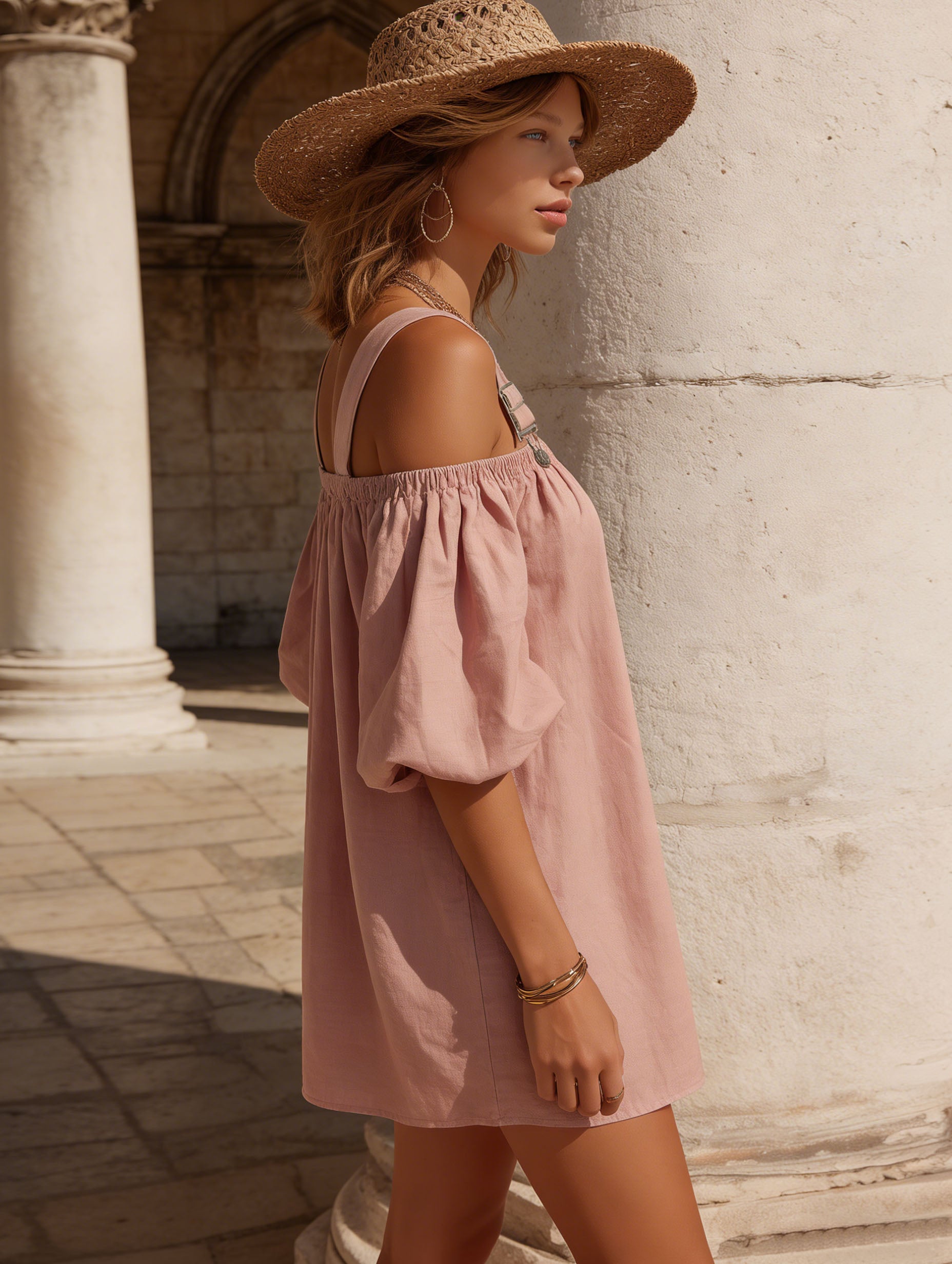 Elegant Pink Cotton Linen Off-Shoulder Suspender Vacation Mini Dress