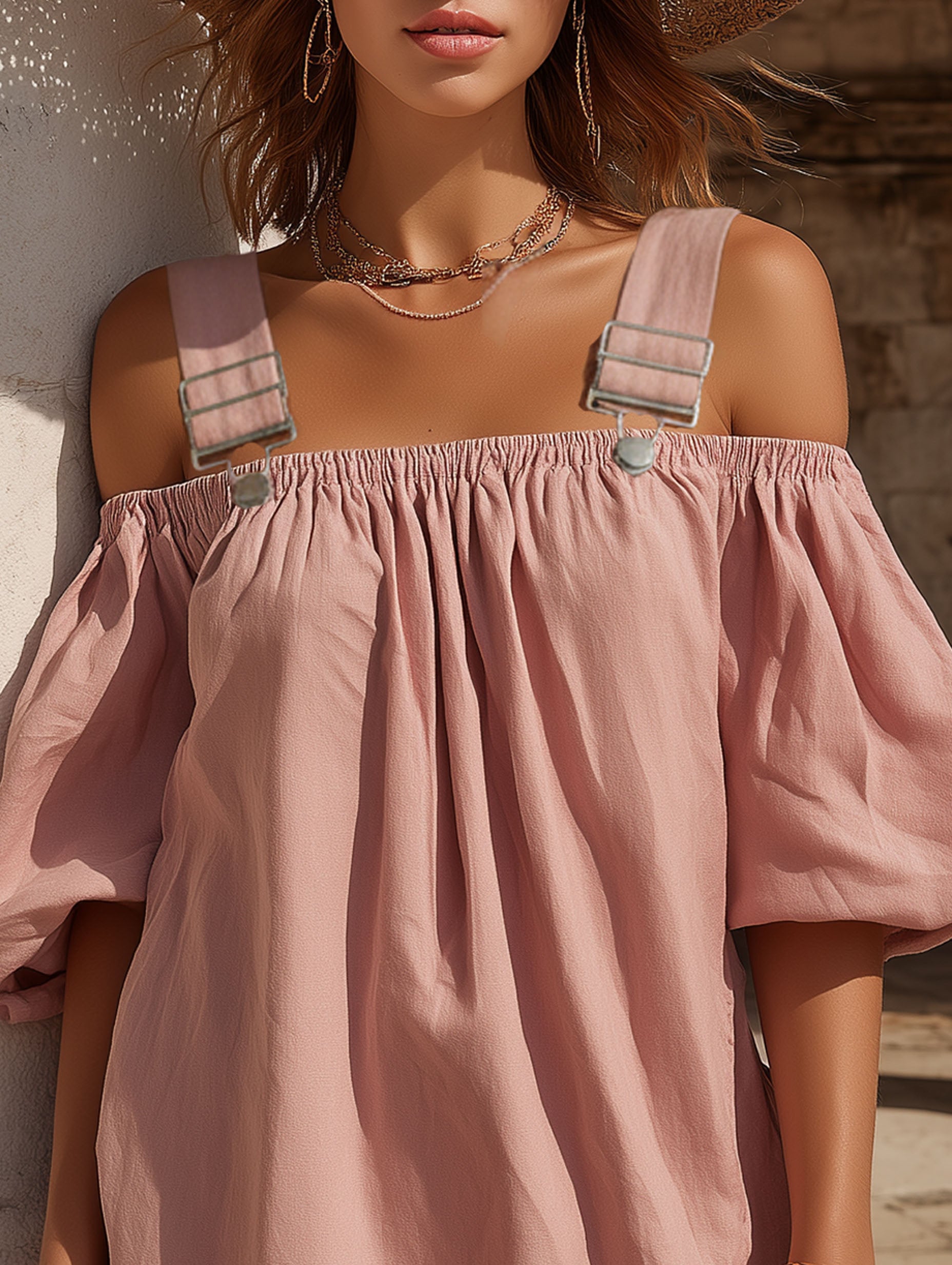 Elegant Pink Cotton Linen Off-Shoulder Suspender Vacation Mini Dress