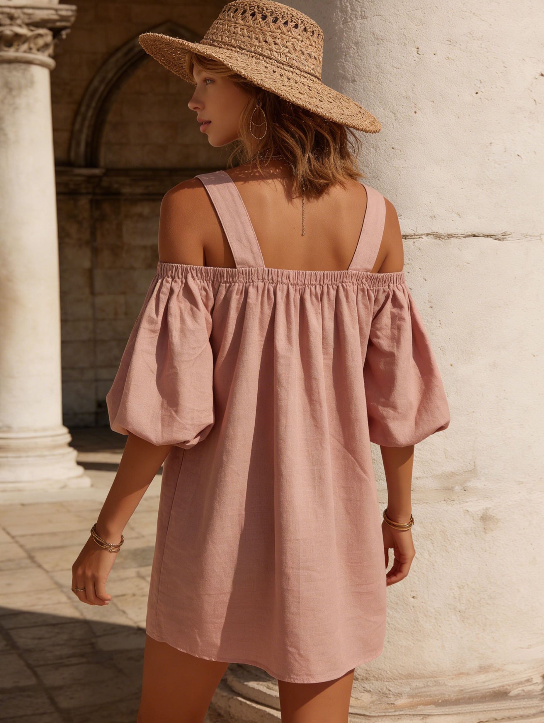 Elegant Pink Cotton Linen Off-Shoulder Suspender Vacation Mini Dress