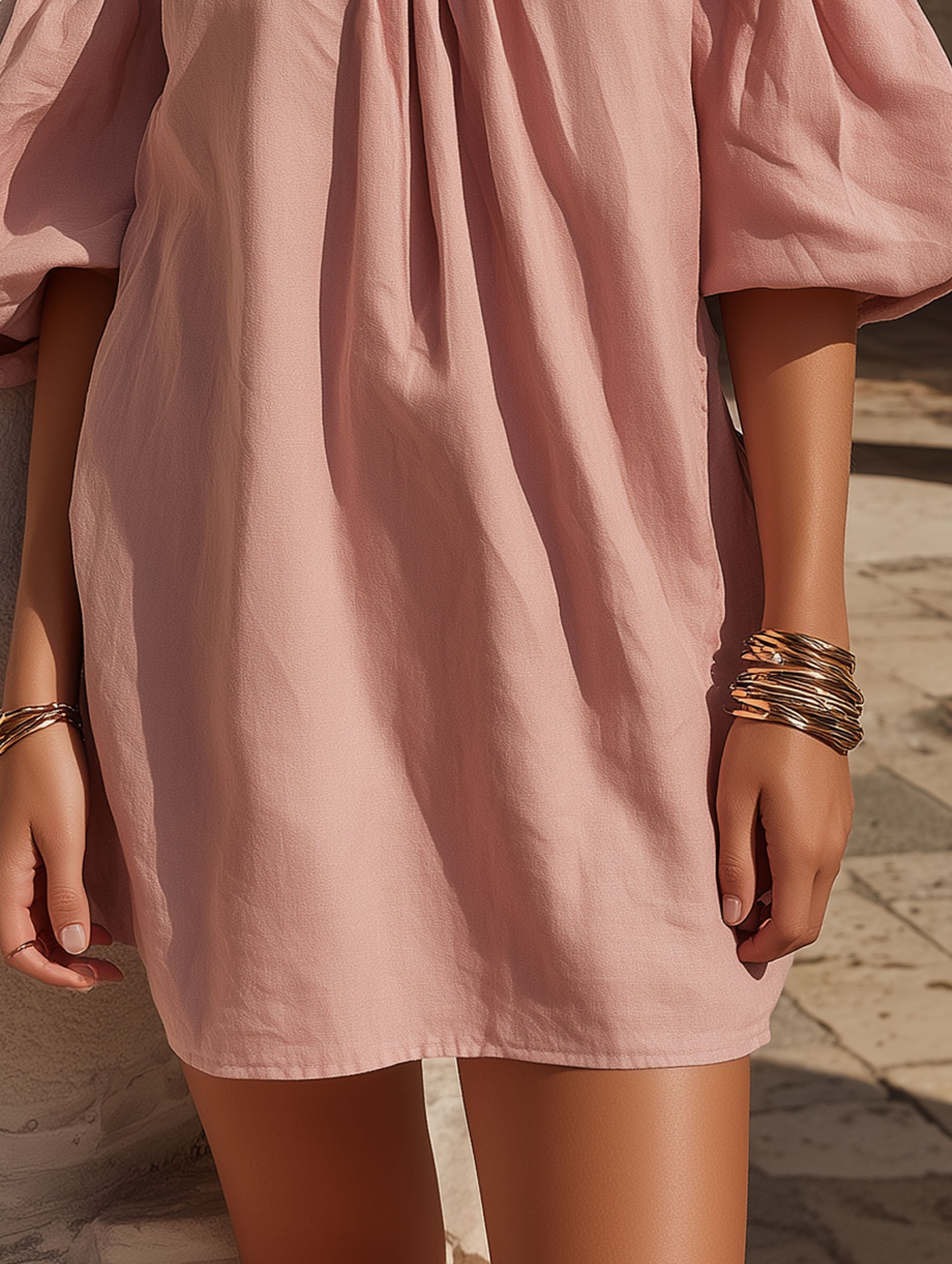 Elegant Pink Cotton Linen Off-Shoulder Suspender Vacation Mini Dress