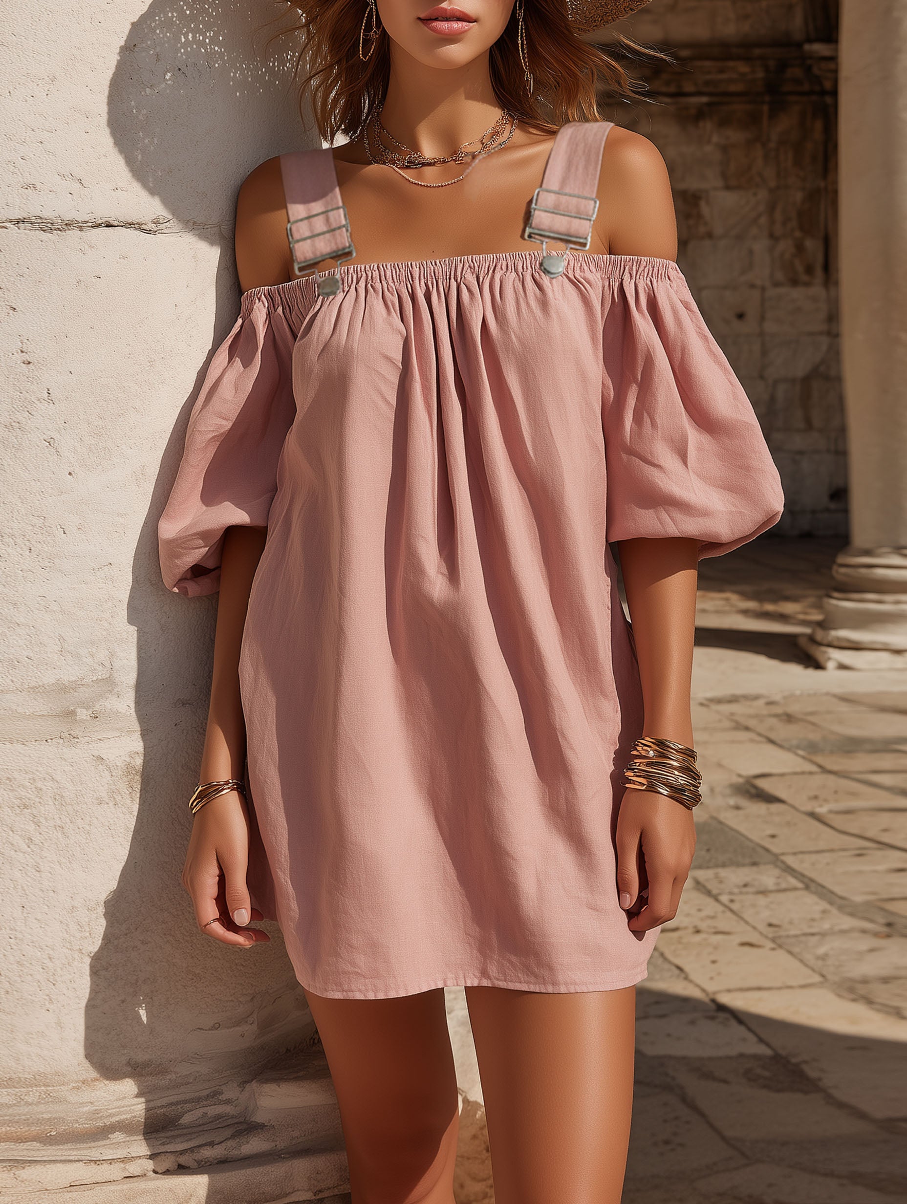 Elegant Pink Cotton Linen Off-Shoulder Suspender Vacation Mini Dress
