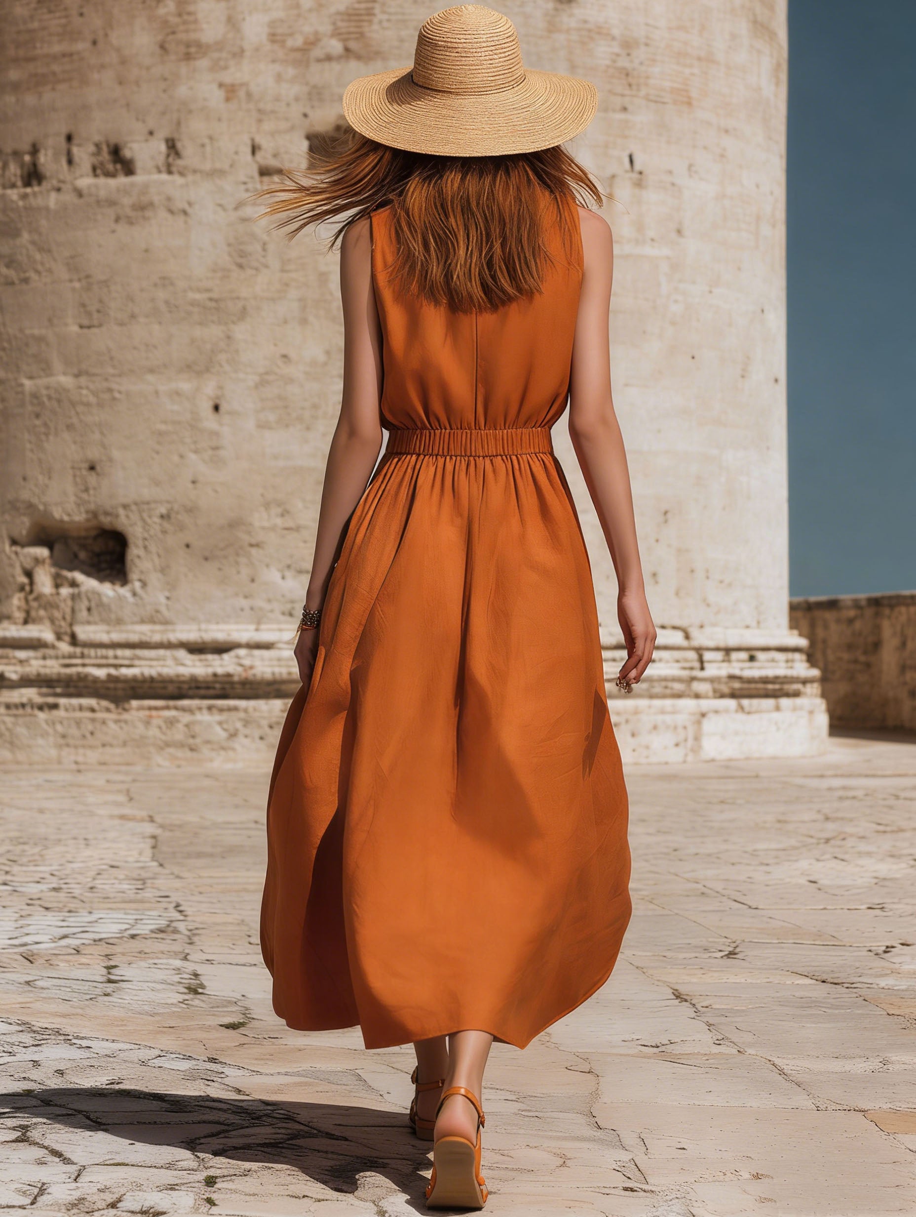 Elegant Orange Cotton Linen Collared Slit Midi Dress