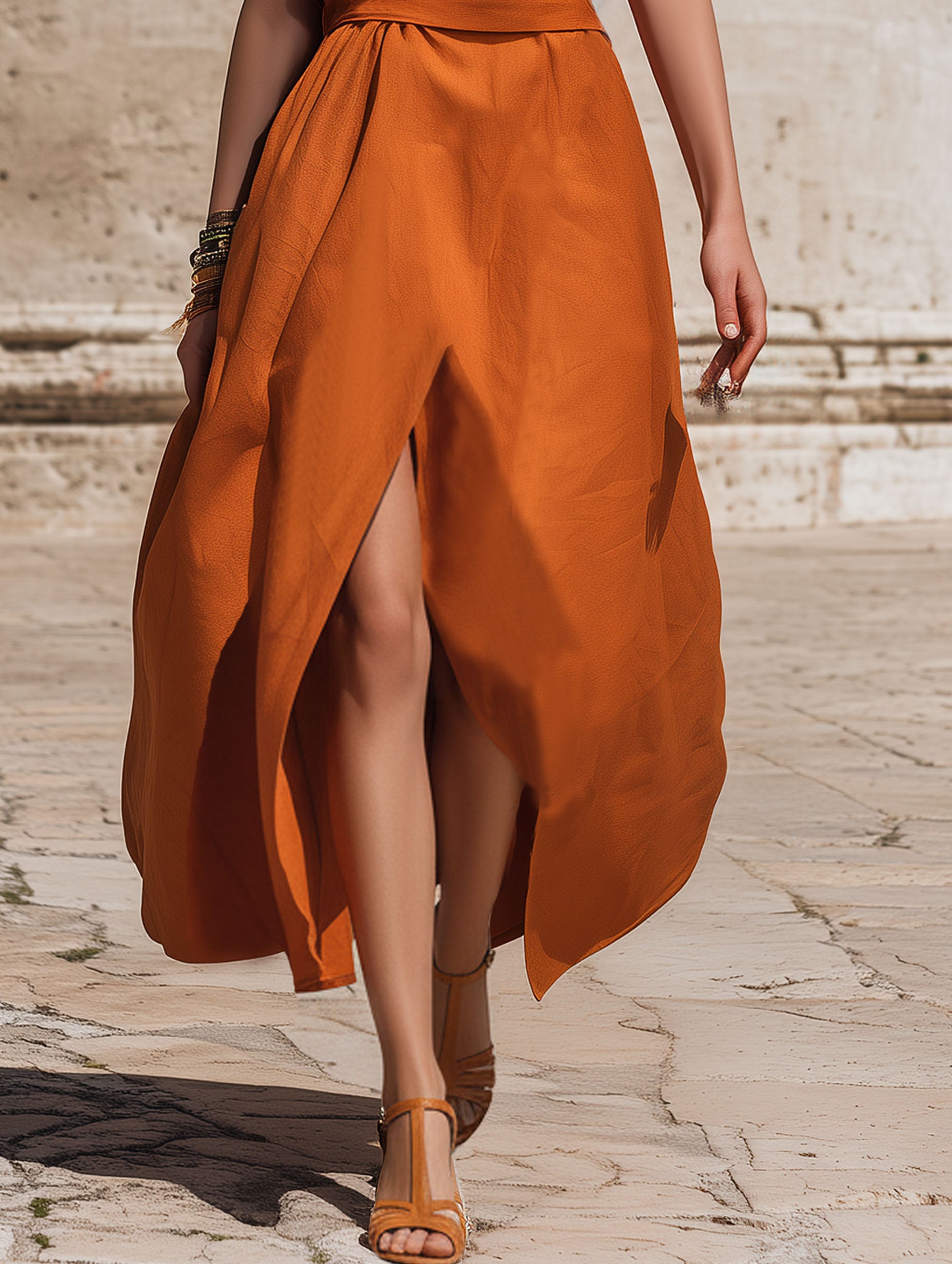 Elegant Orange Cotton Linen Collared Slit Midi Dress