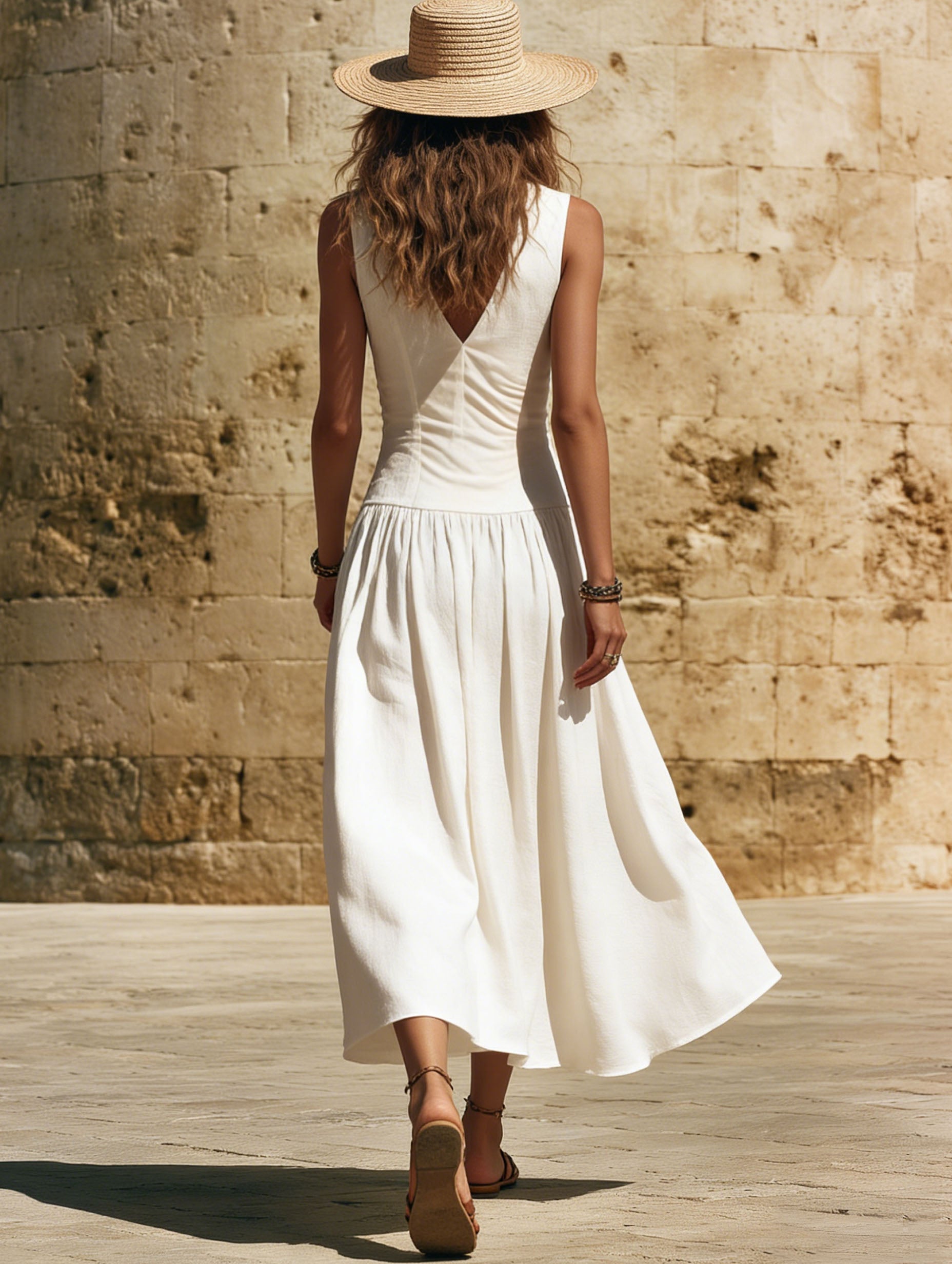 Elegant White V-Neck Cotton Linen Button-Down Vacation  Midi Dress