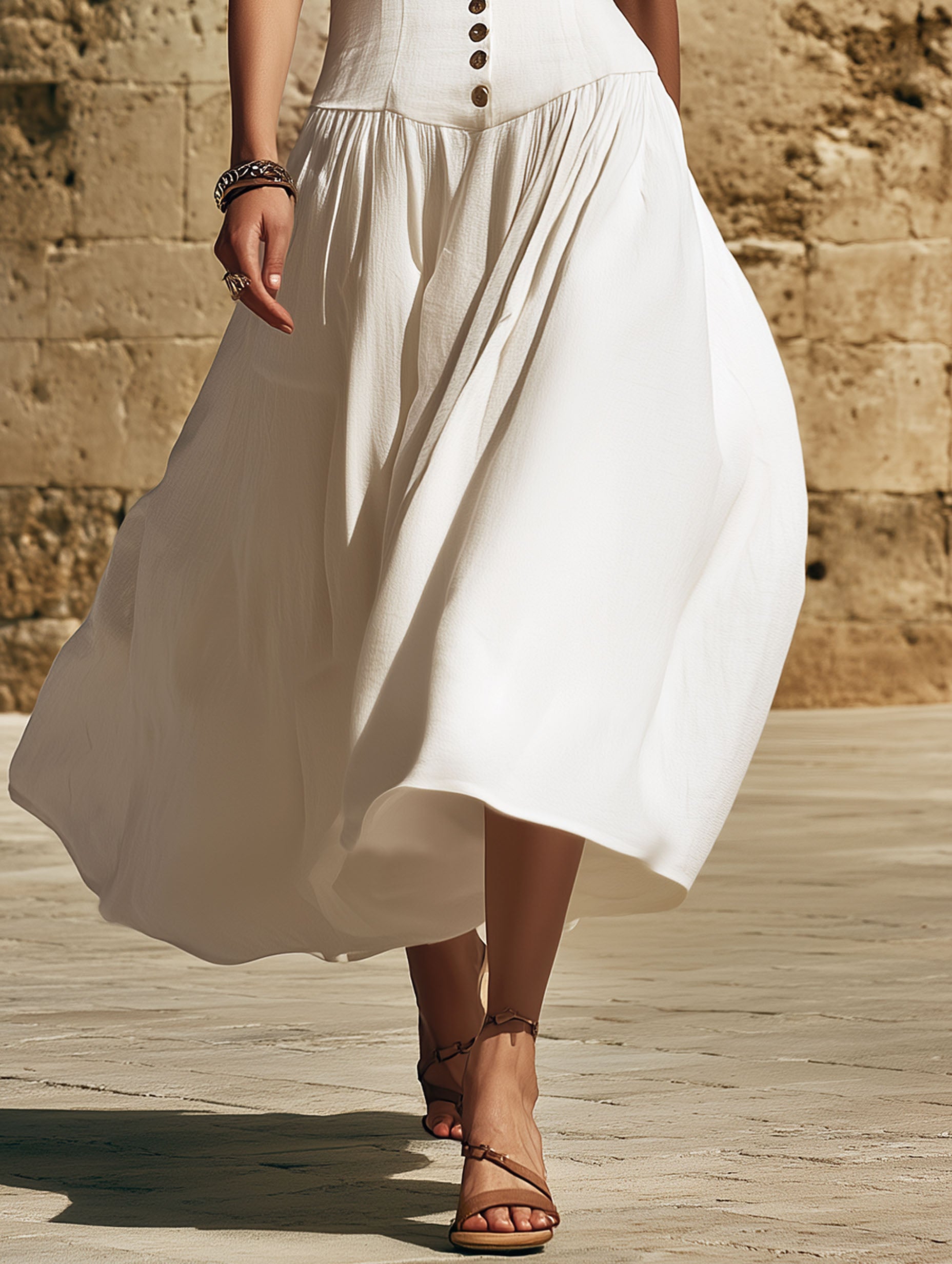 Elegant White V-Neck Cotton Linen Button-Down Vacation  Midi Dress