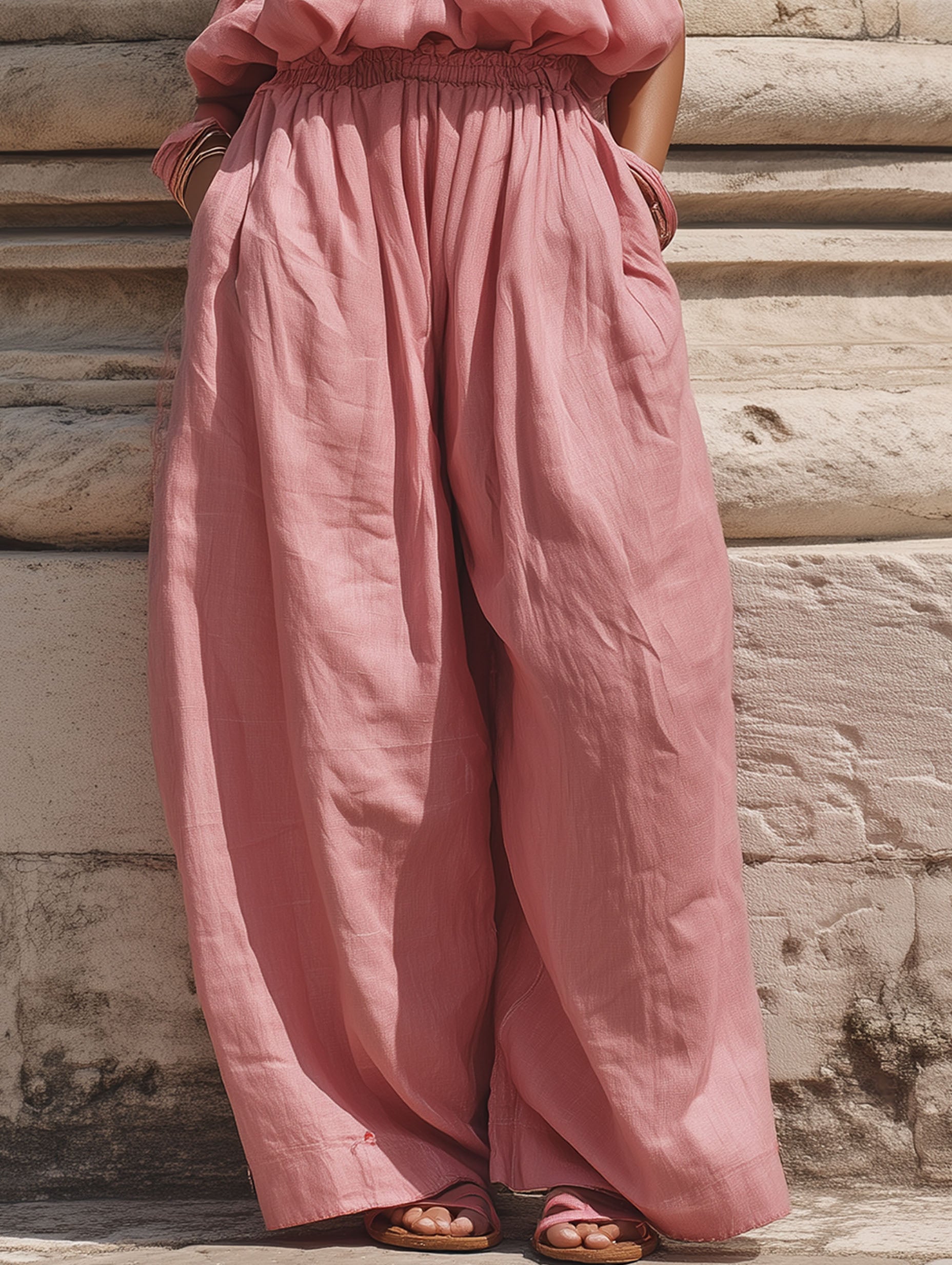 Elegant Pink Cotton Linen Vacation Overalls Jumpsuit
