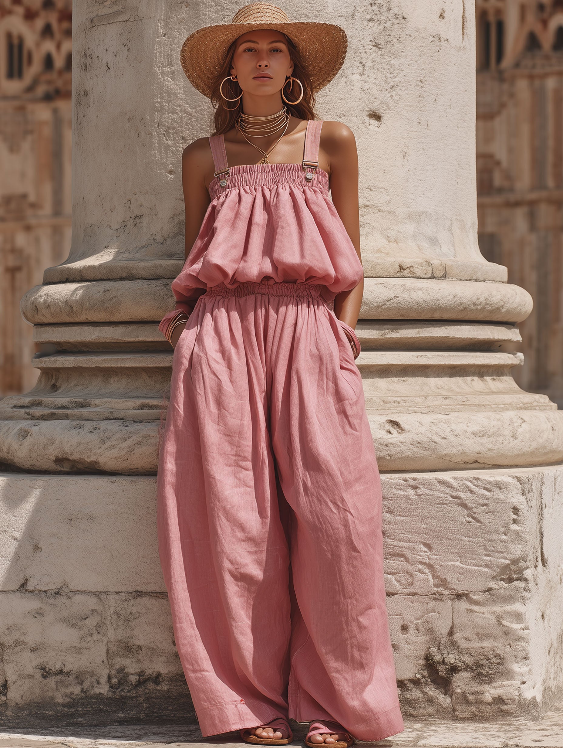 Elegant Pink Cotton Linen Vacation Overalls Jumpsuit