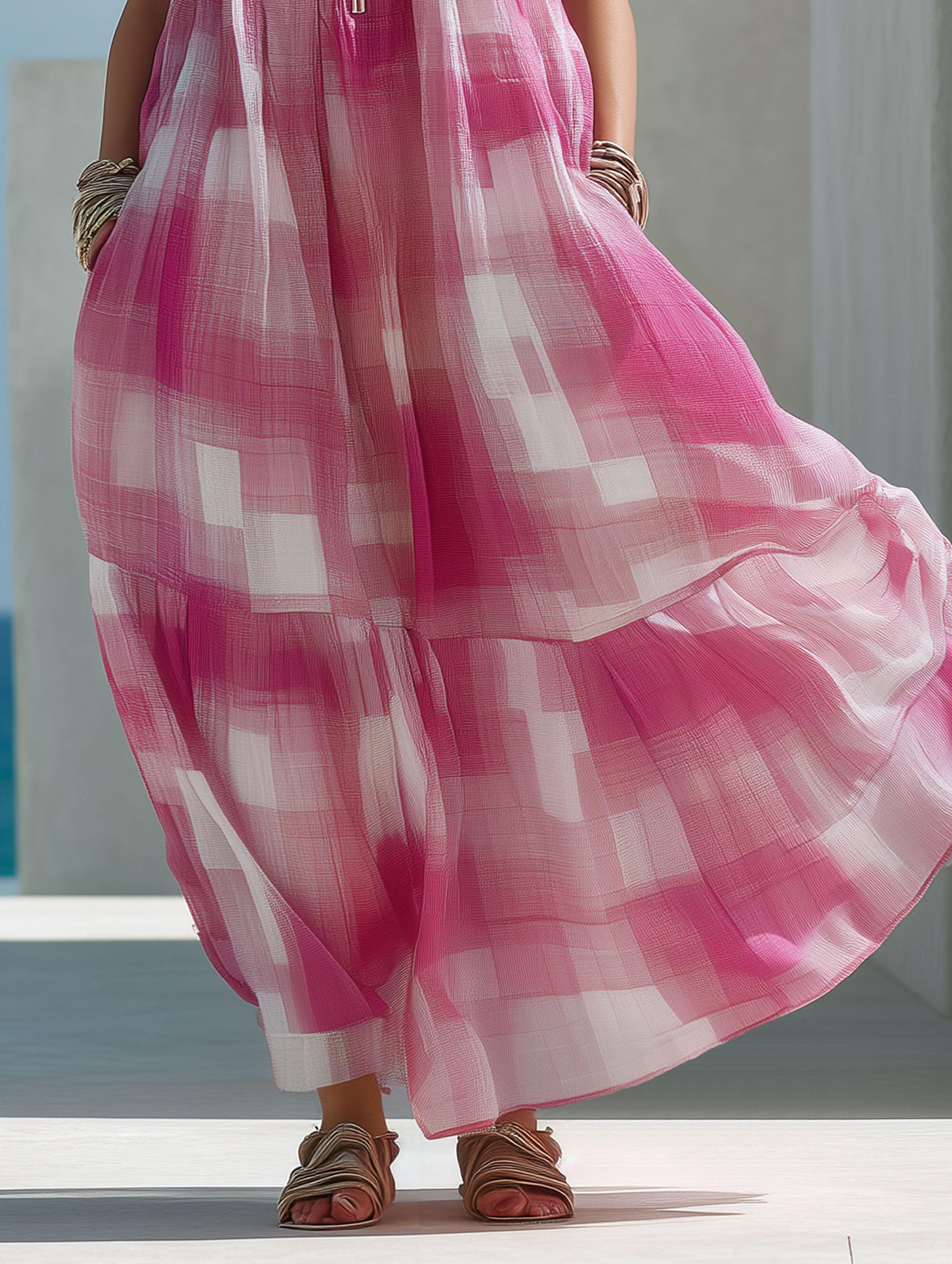 Elegant Chiffon Pink Plaid Print Metal Zipper Maxi Dress