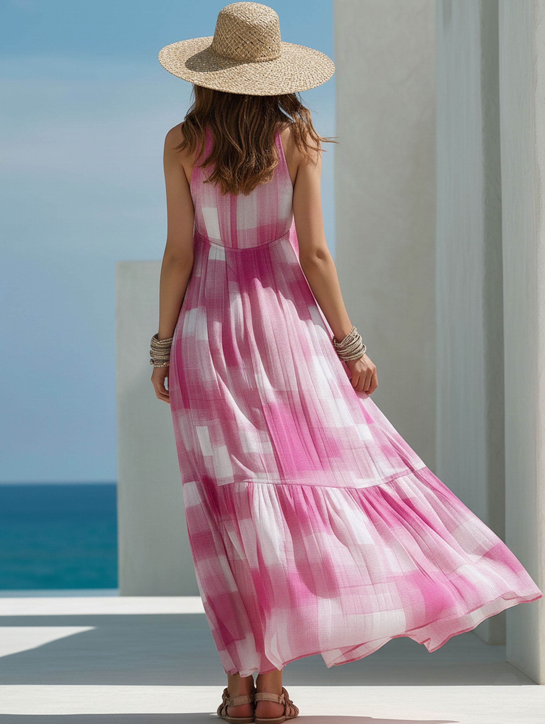 Elegant Chiffon Pink Plaid Print Metal Zipper Maxi Dress