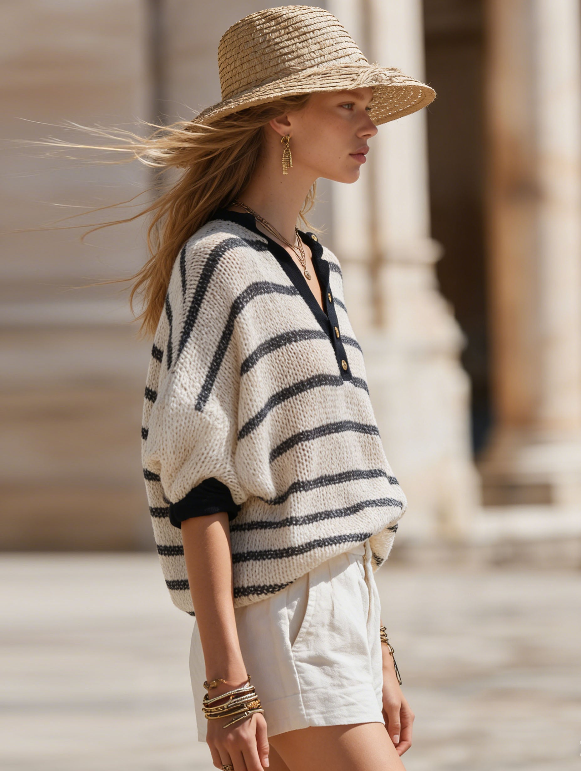 Resort-Ready Elegant Striped Knit Short-Sleeved Top And White Cotton Linen Shorts Set