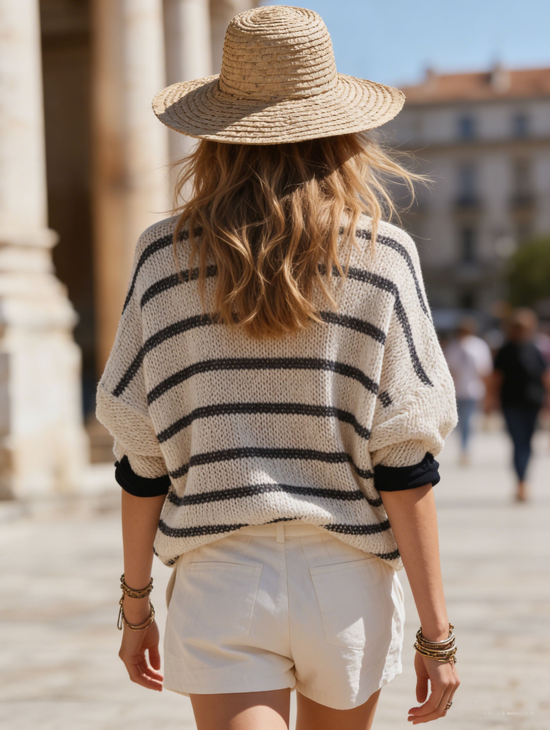 Resort-Ready Elegant Striped Knit Short-Sleeved Top And White Cotton Linen Shorts Set