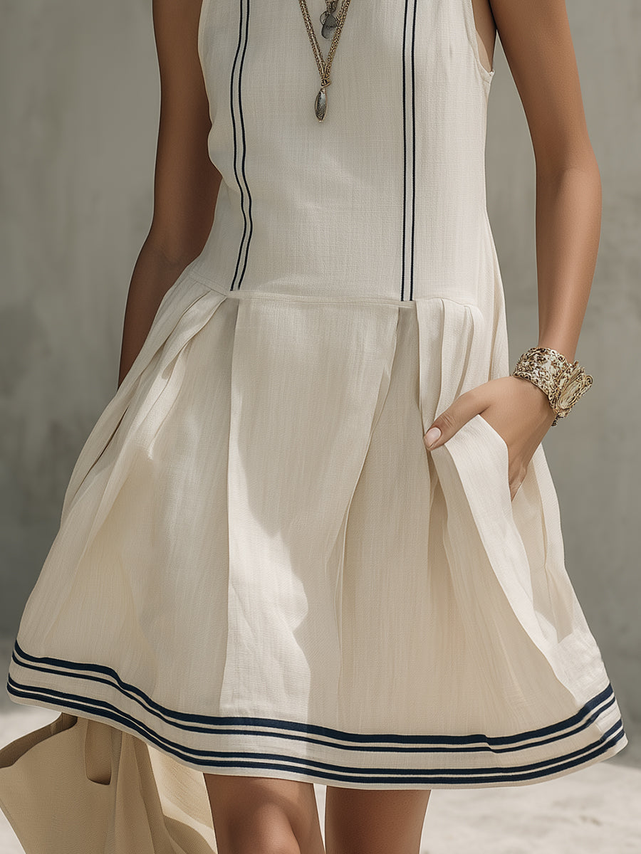 Sailing Vacation Off-white Striped Sleeveless Round Neck Mini Dress
