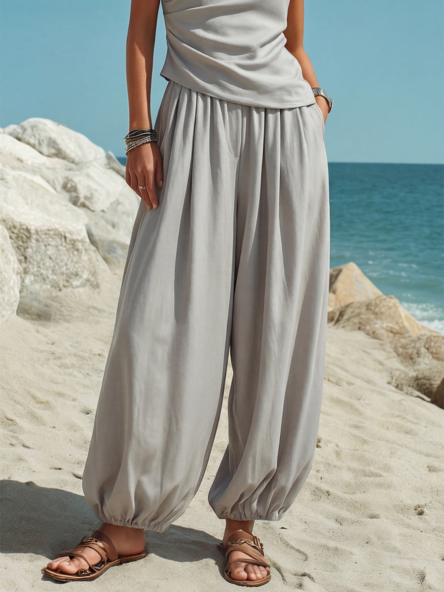 Minimalist Coastal Light Gray One-Shoulder Asymmetrical Collar Jogger Trouser Set
