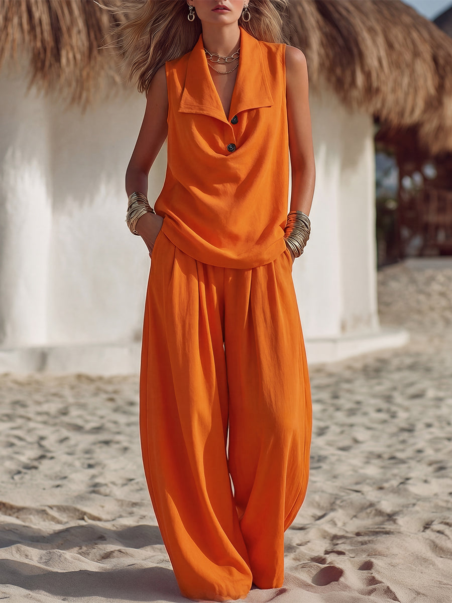 Casual Resort Vibrant Orange Sleeveless Collared Top And Loose-fitting Trousers Set