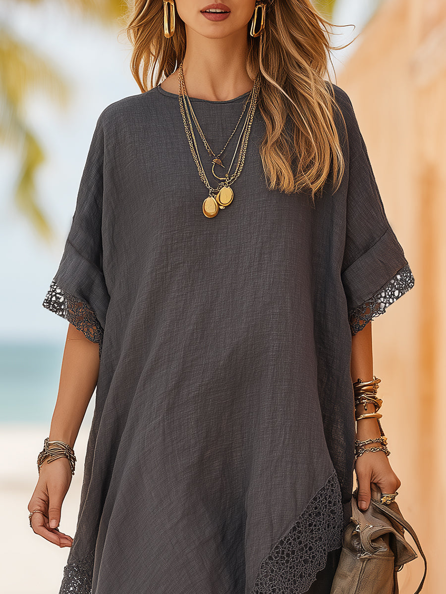 Bohemian Resort Charcoal Grey Cotton Linen Lace Trim Irregular Hem Round Neck Midi Dress