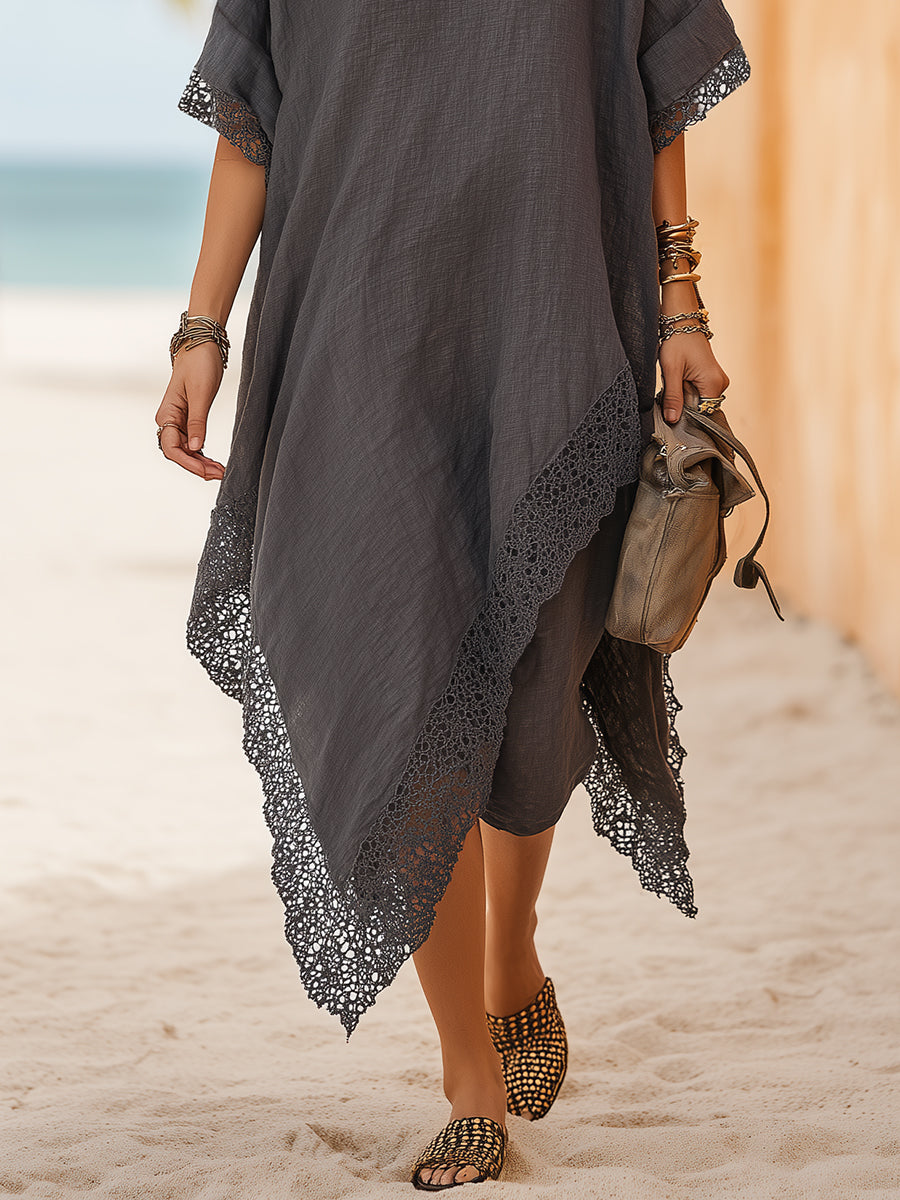 Bohemian Resort Charcoal Grey Cotton Linen Lace Trim Irregular Hem Round Neck Midi Dress
