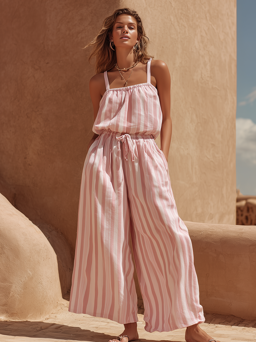 Vacation-Style Pink And White Striped Sleeveless Top And Wide-Leg Pants Set