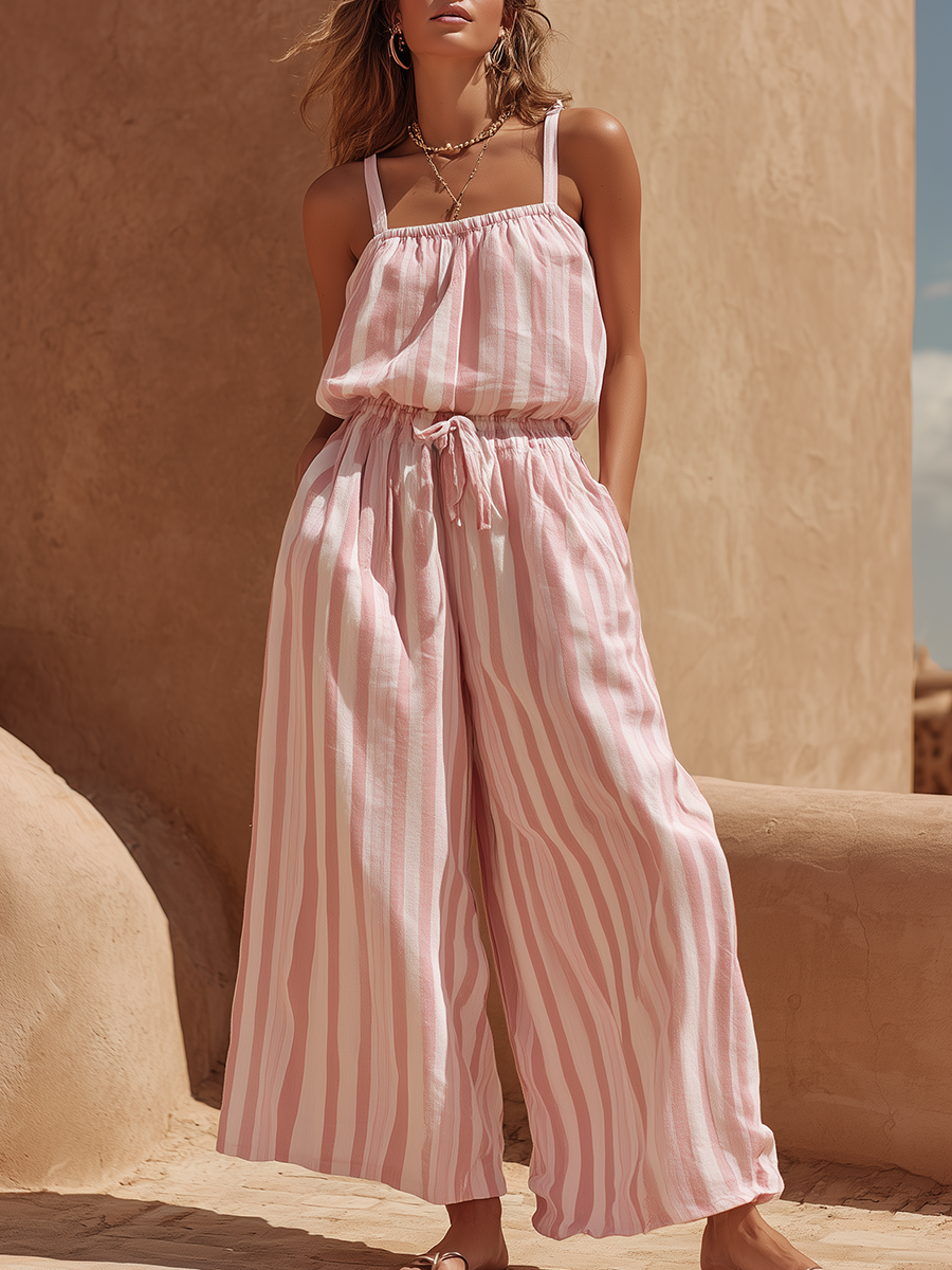 Vacation-Style Pink And White Striped Sleeveless Top And Wide-Leg Pants Set