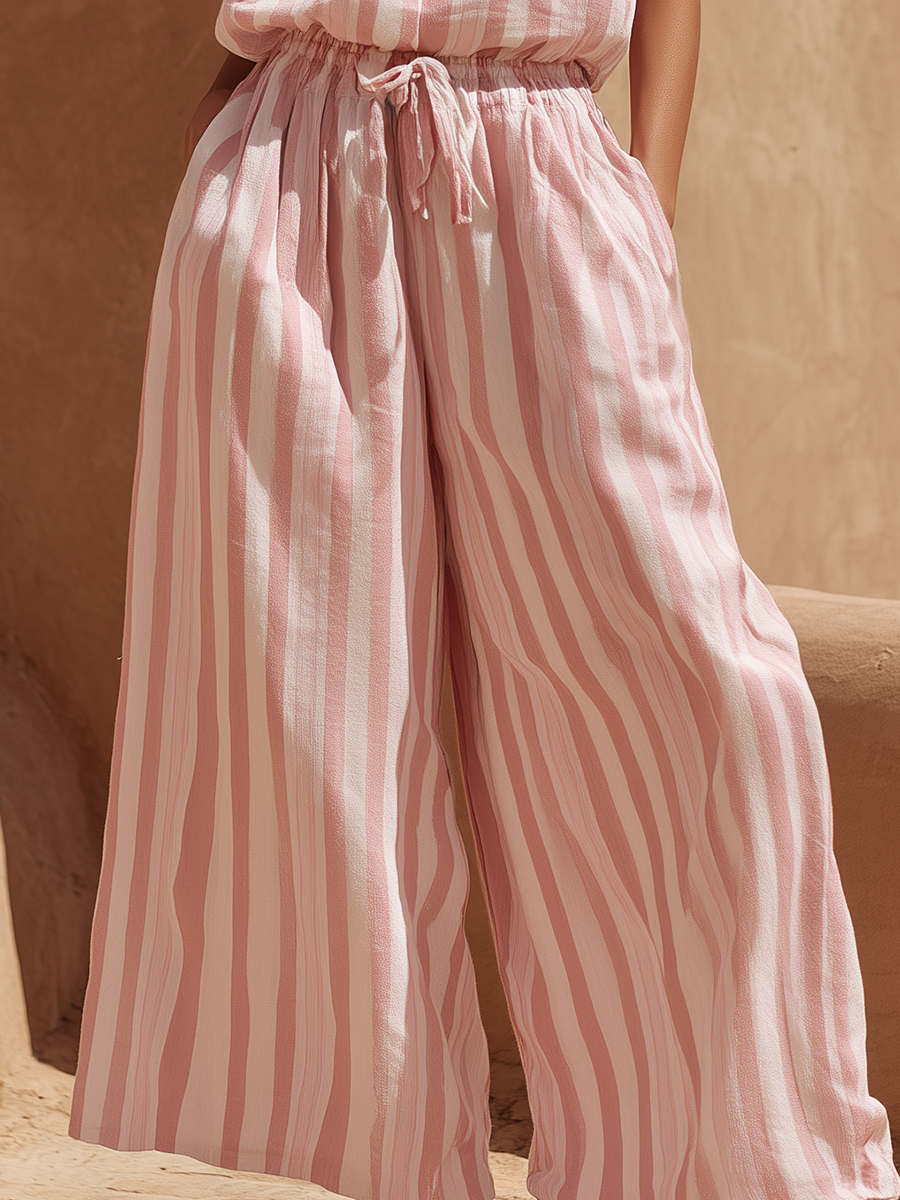 Vacation-Style Pink And White Striped Sleeveless Top And Wide-Leg Pants Set