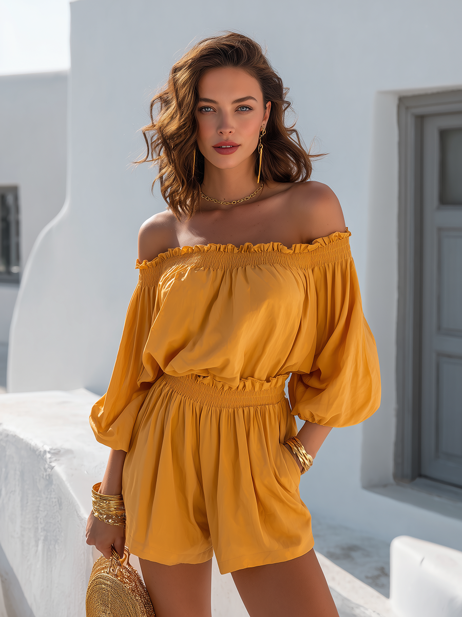 Vacation-Style Yellow Off-Shoulder Long-Sleeve Shorts Set