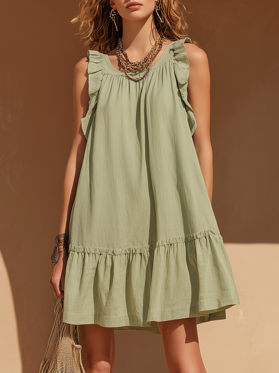 Vacation-Style Green Sleeveless Loose Ruffled Mini Dress