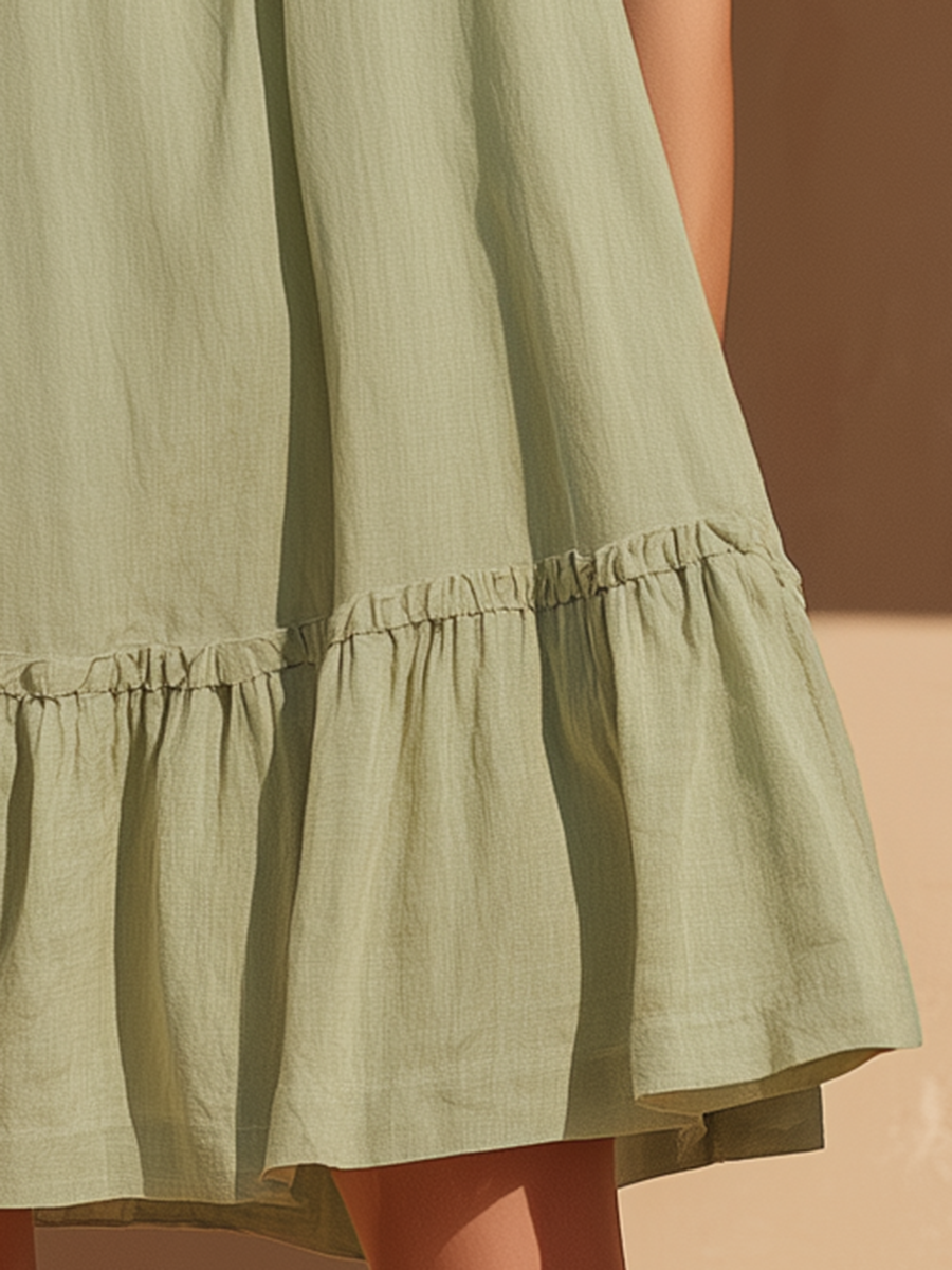 Vacation-Style Green Sleeveless Loose Ruffled Mini Dress