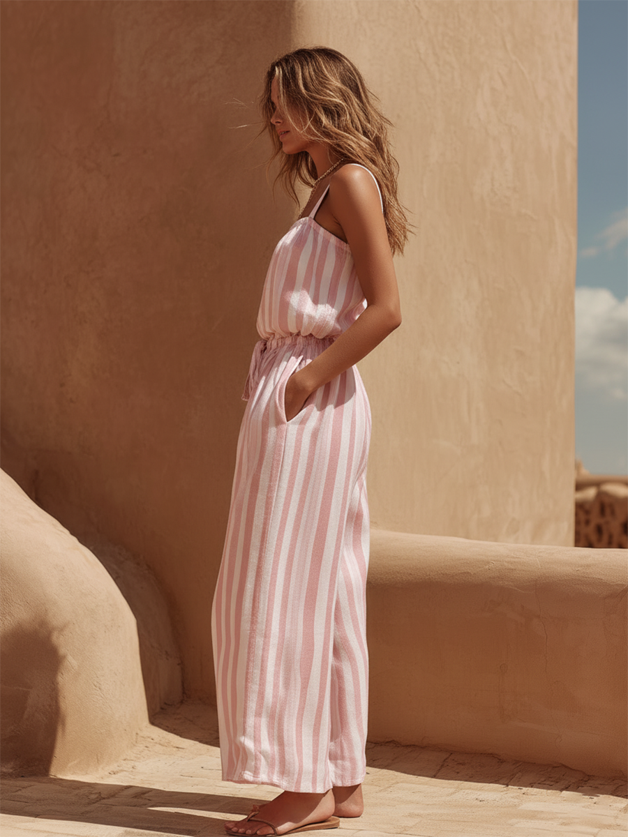 Vacation-Style Pink And White Striped Sleeveless Top And Wide-Leg Pants Set