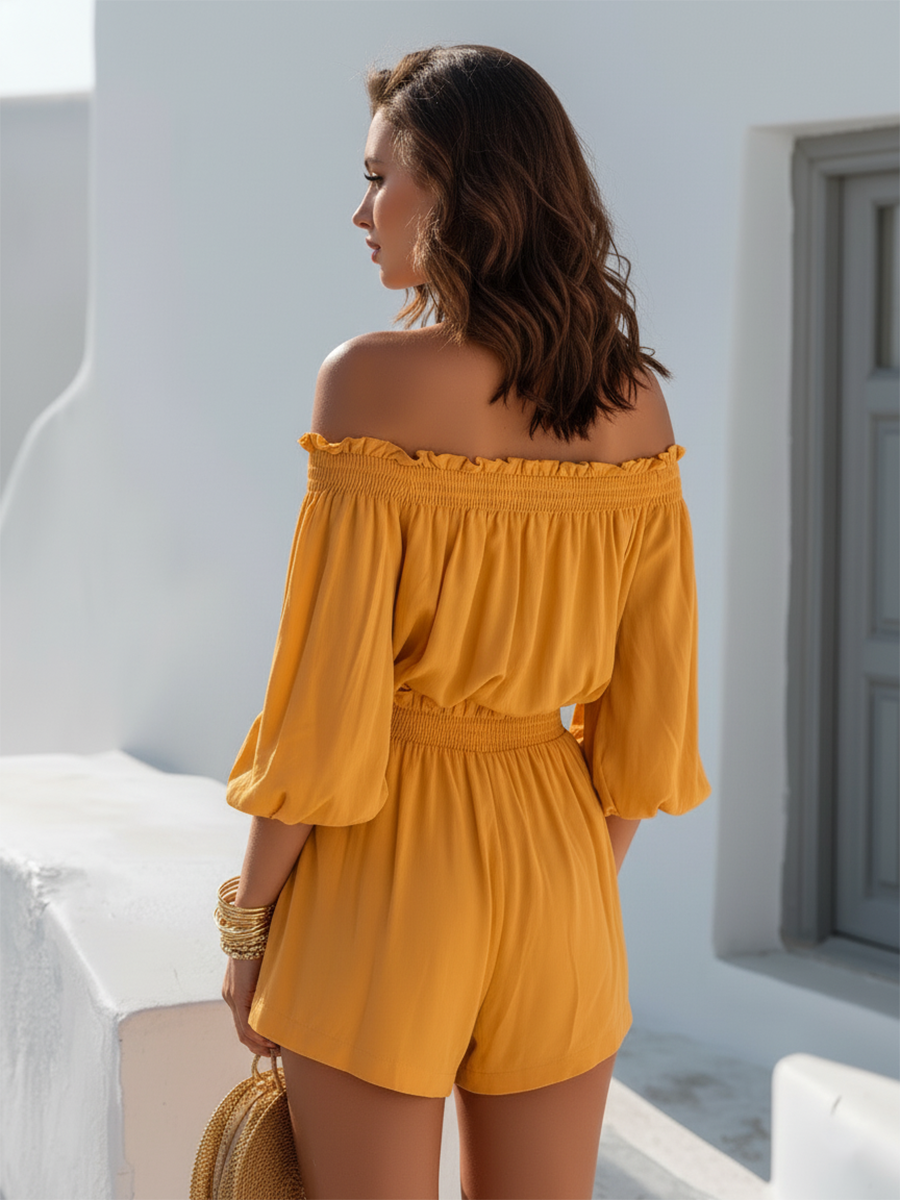 Vacation-Style Yellow Off-Shoulder Long-Sleeve Shorts Set