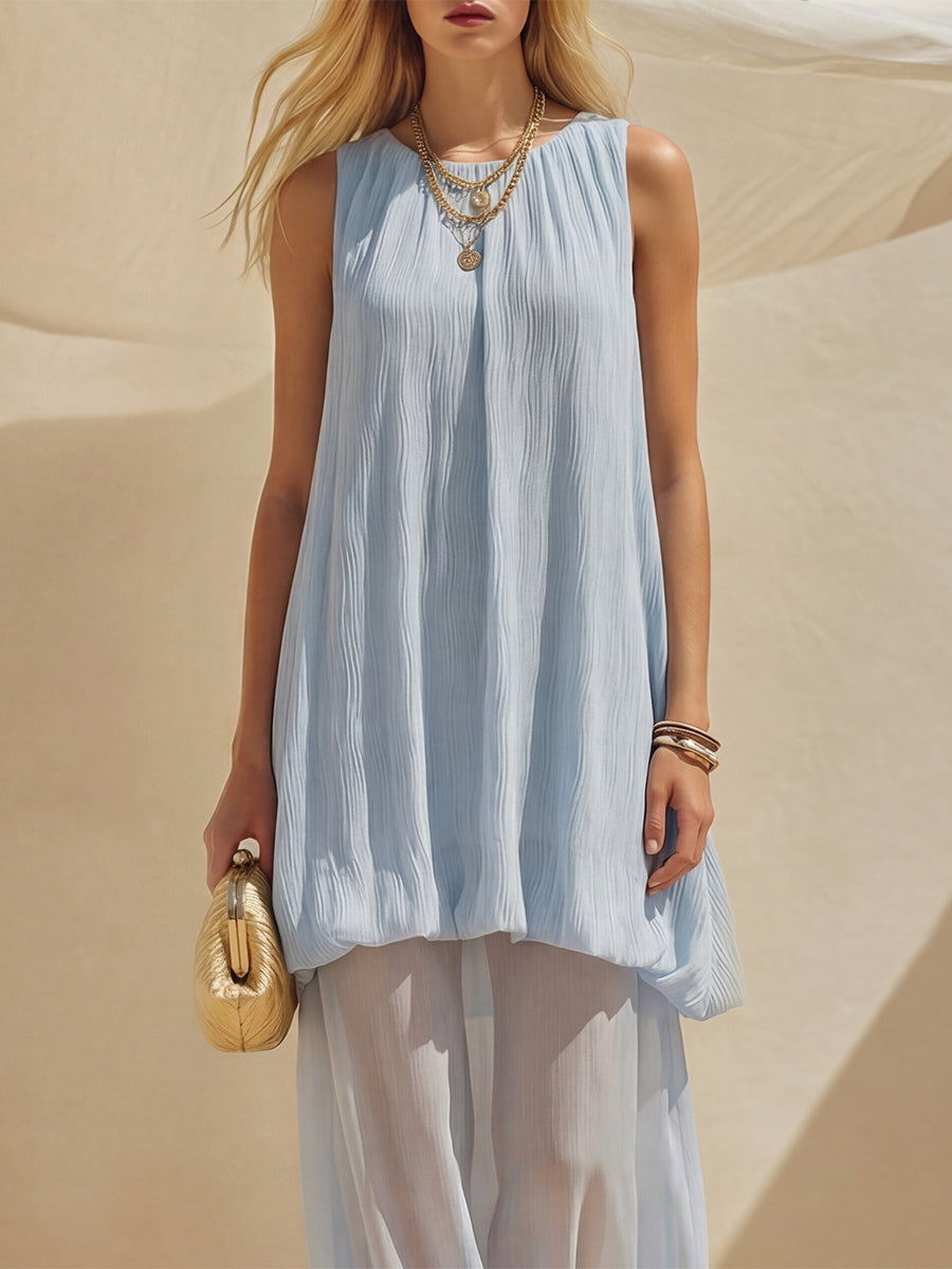 Nautical Vacation Light Blue Chiffon Sleeveless Round Neck Maxi Dress