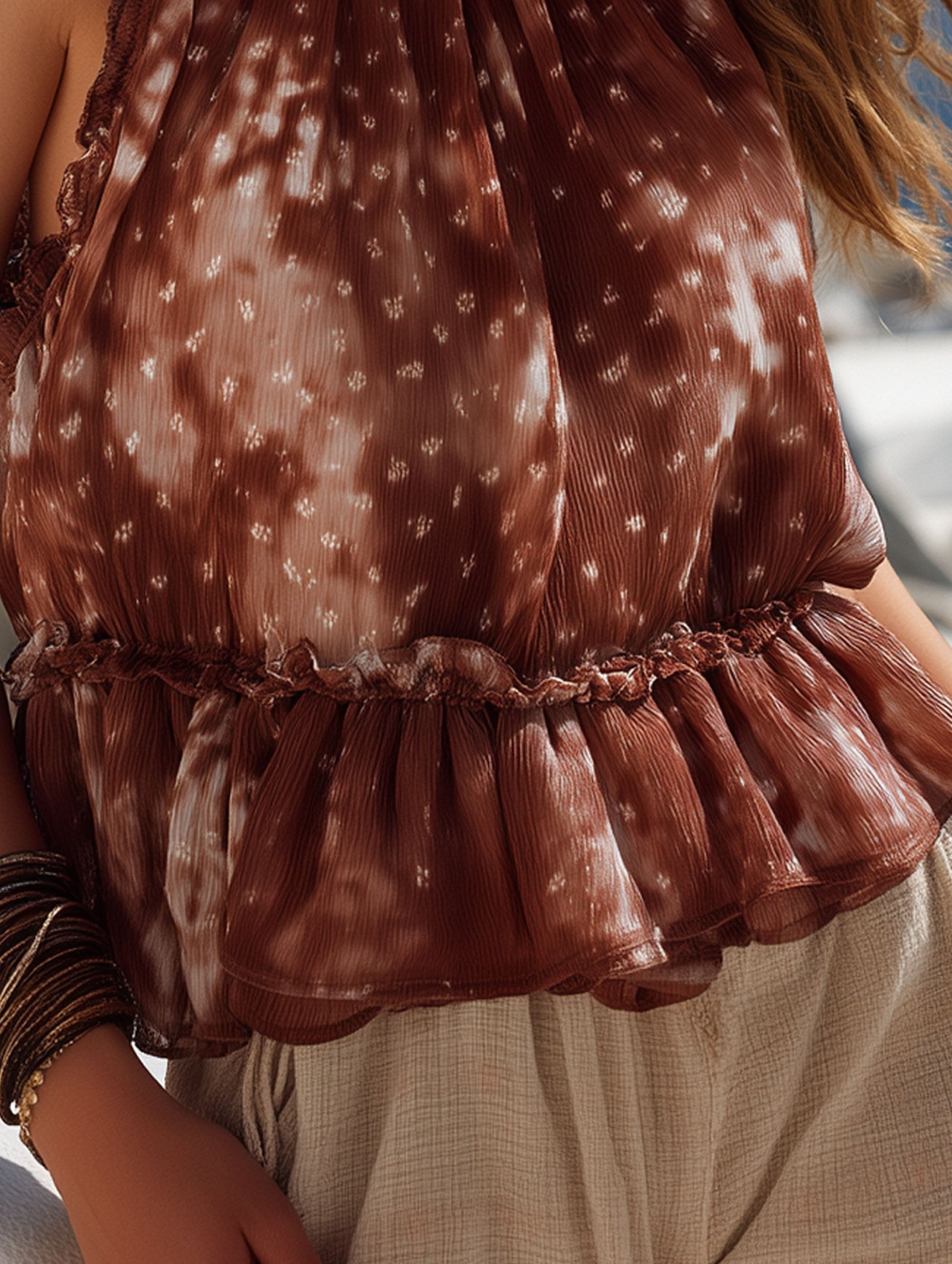 Lightweight Brown Gradient Chiffon With Watermark For Vacation Sleeveless Top