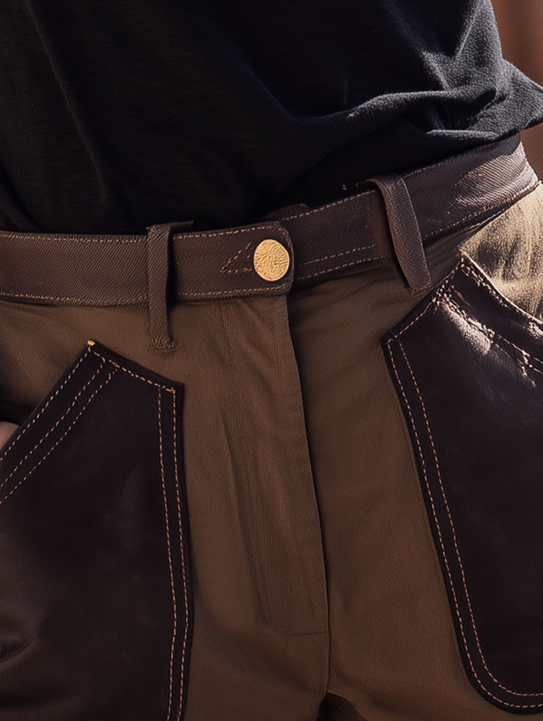 Vacation-Style Khaki With Brown Pockets Shorts