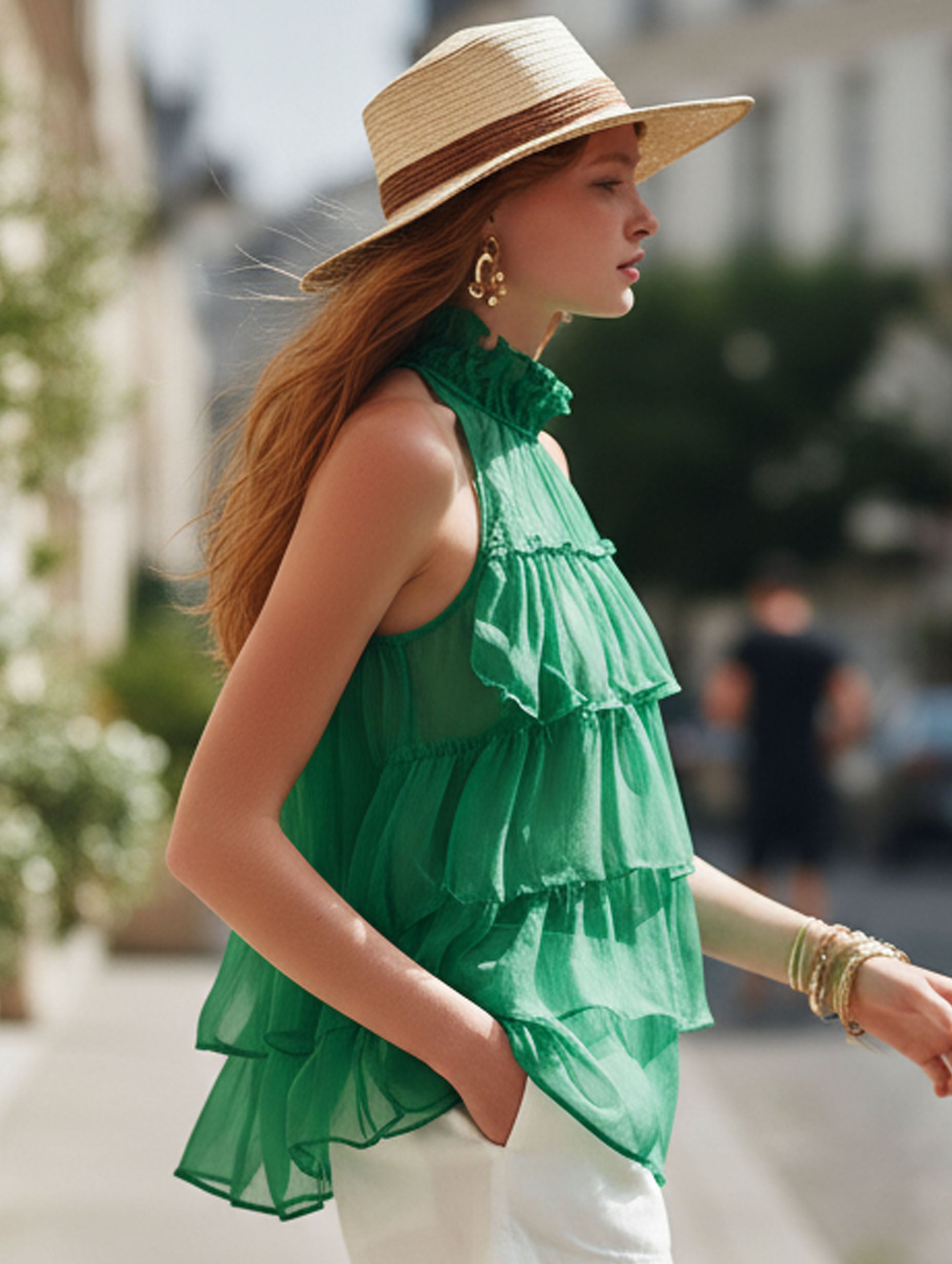 Elegant Green Chiffon Ruffled For Vacation Top