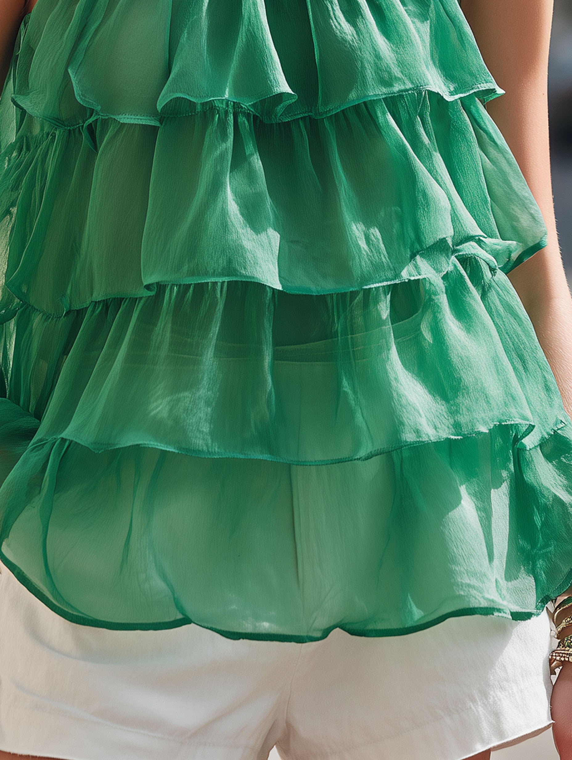 Elegant Green Chiffon Ruffled For Vacation Top