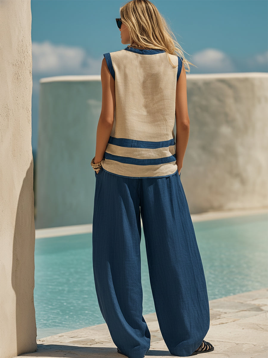 Coastal Resort Style Blue Trim Beige Top And Loose Blue Trousers Set