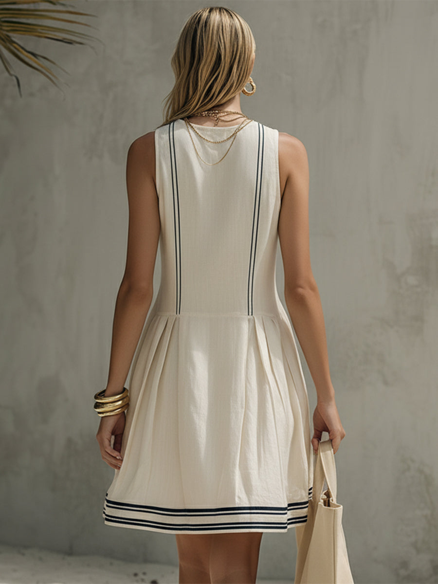 Sailing Vacation Off-white Striped Sleeveless Round Neck Mini Dress